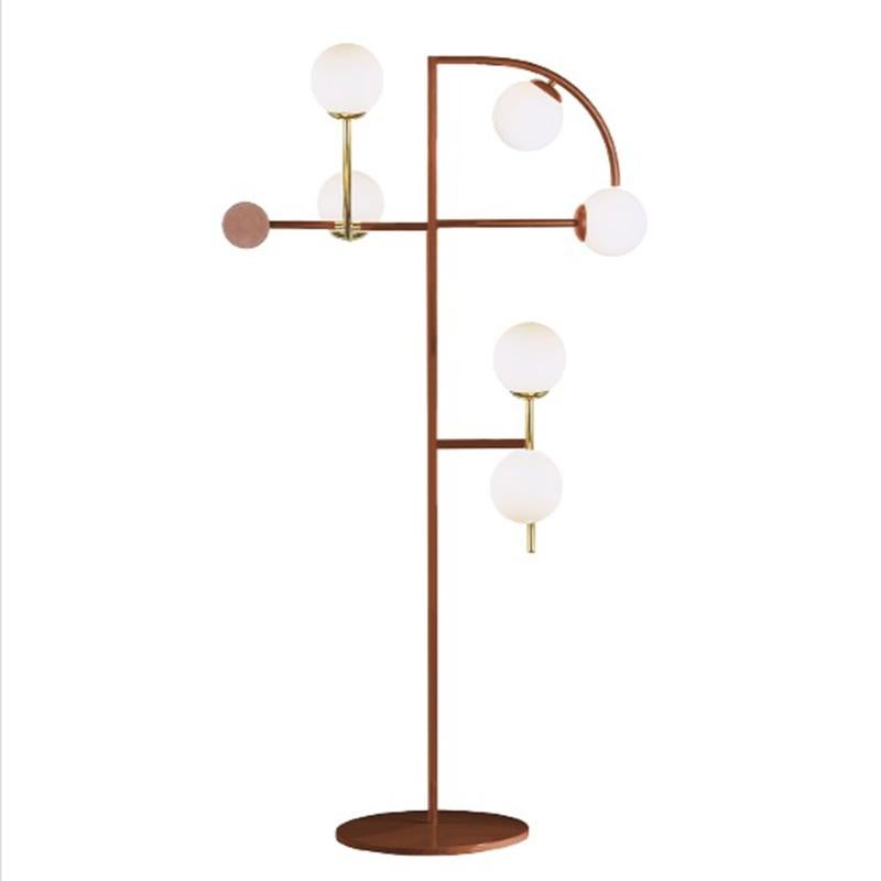 Portuguese Art-Deco inspired Brass, Black Powder-coated, Wine lacquer Wood Helio Floor Lamp For Sale