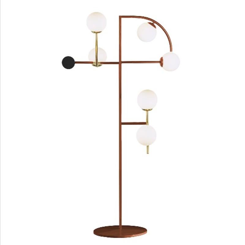 Lacquered Art-Deco inspired Brass, Black Powder-coated, Wine lacquer Wood Helio Floor Lamp For Sale