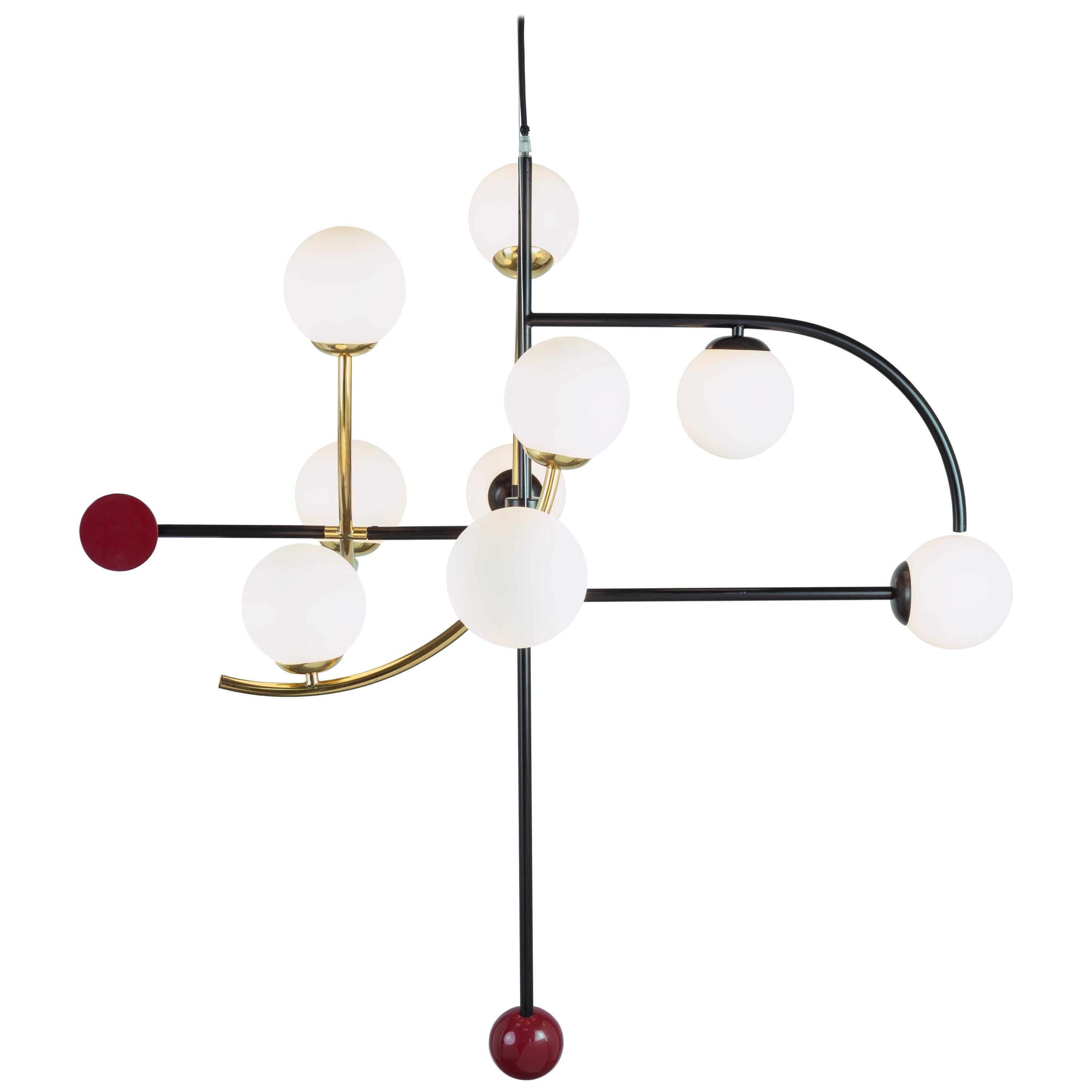 Art-Deco inspired Brass, Black Powder-coated, Red detail Helio I Pendant Lamp For Sale