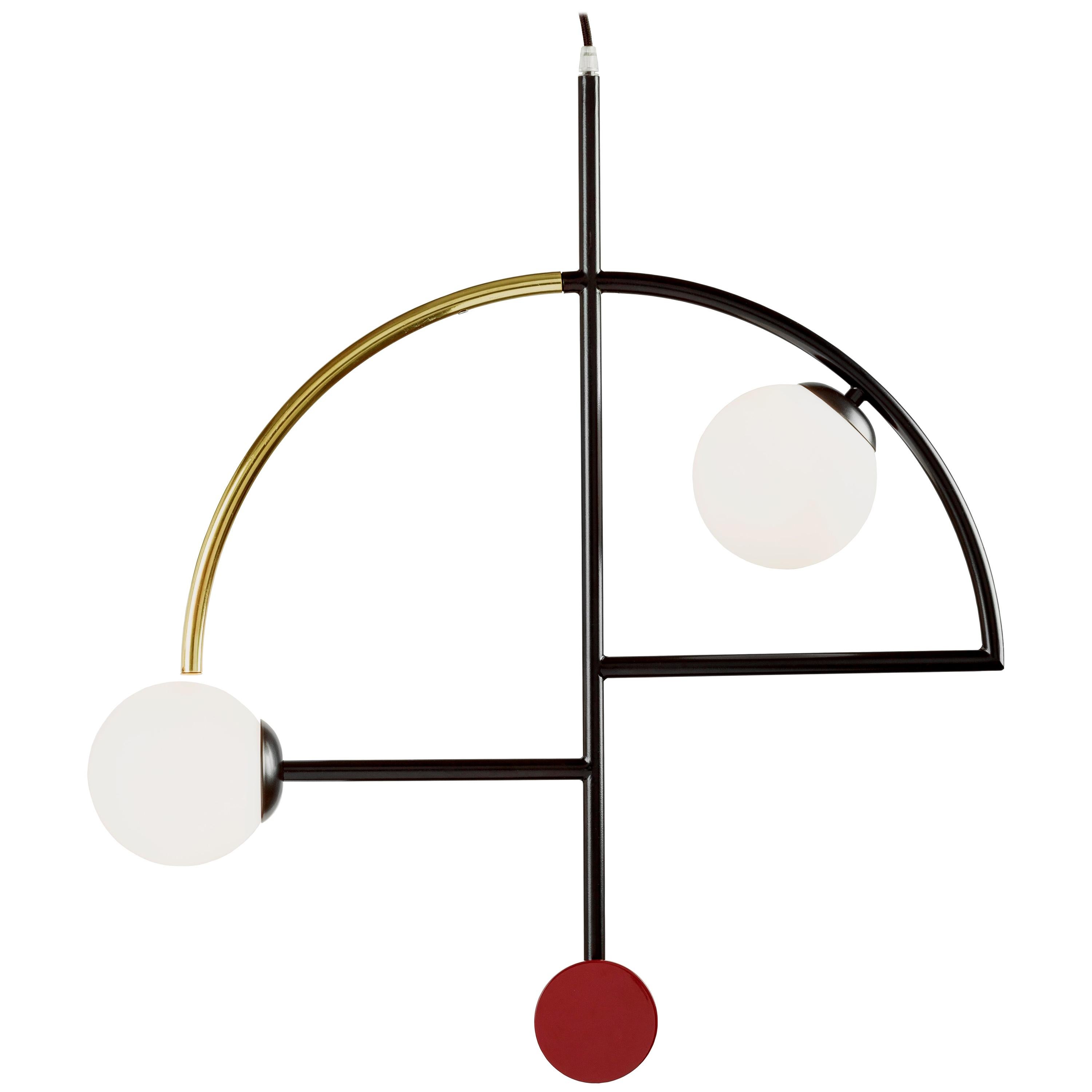 Art-Deco inspired Brass, Black Powder-coated, Red detail Helio II Pendant Lamp