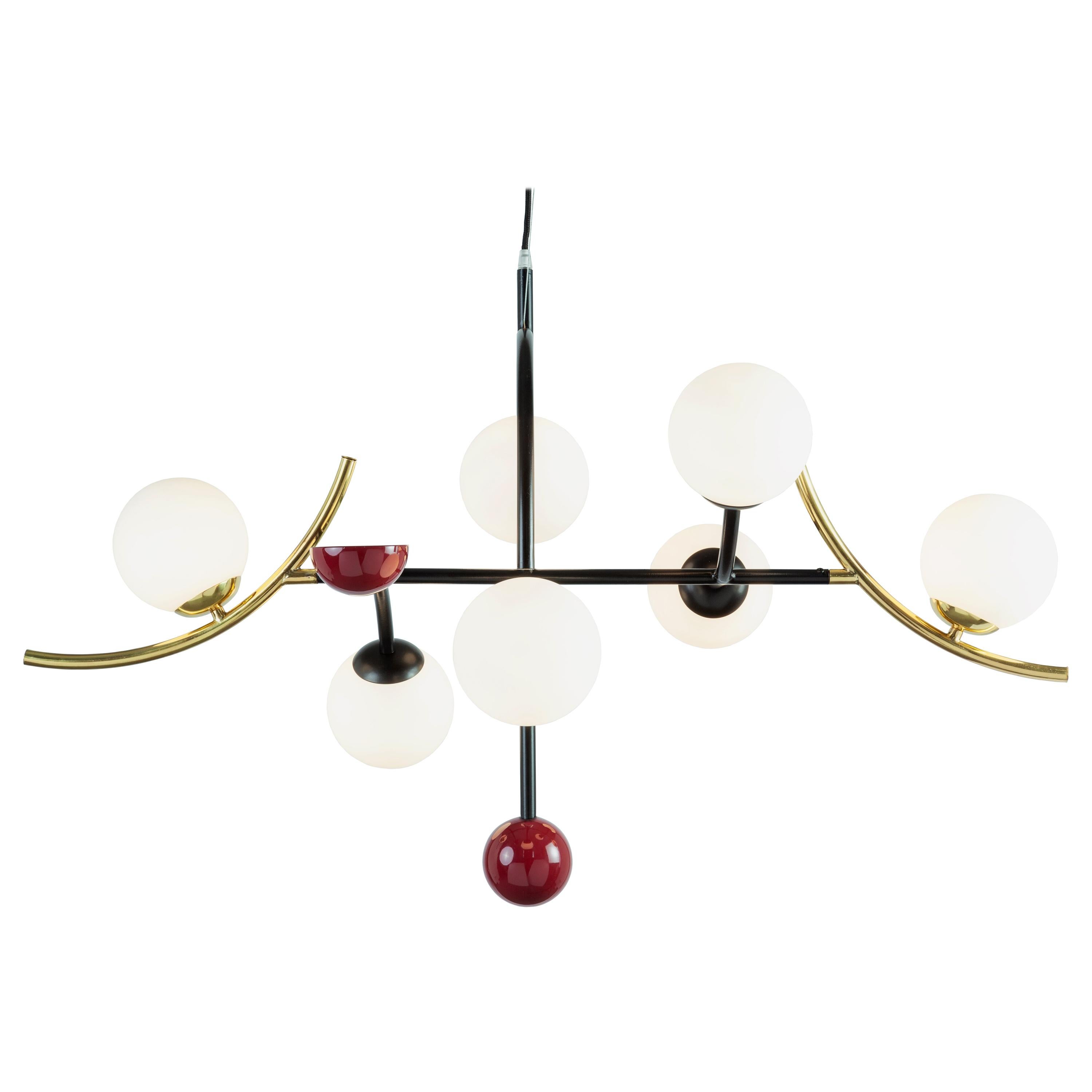 Art-Deco inspired Brass, Black Powder-coated, Red detail Helio Pendant Lamp For Sale