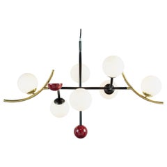 Art-Deco inspired Brass, Black Powder-coated, Red detail Helio Pendant Lamp