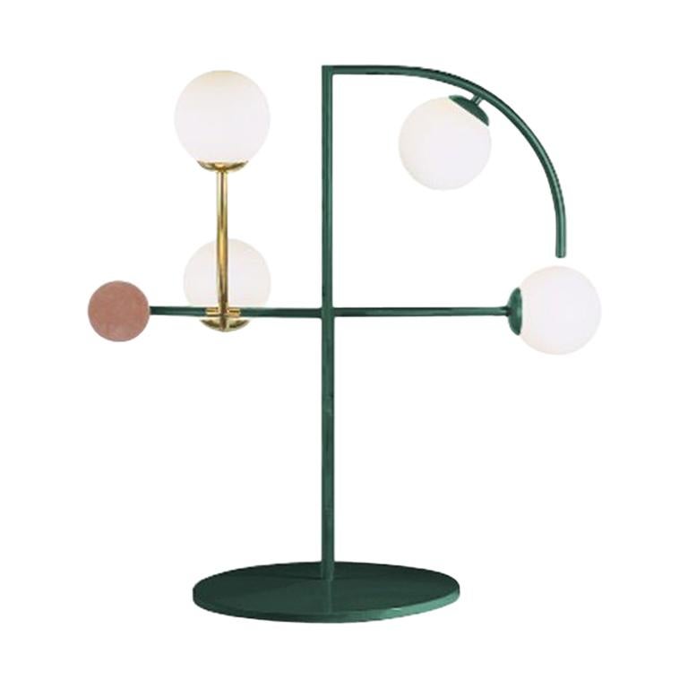 Art-Deco inspired Brass, Green Powder-coated, Blossom Rose Wood Helio Table Lamp For Sale