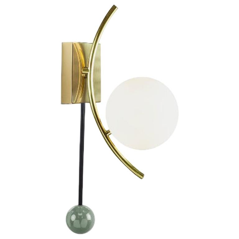 Art-Deco inspired Brass, Black Powder-coated, Aloe Green Wood Helio Wall Sconce For Sale