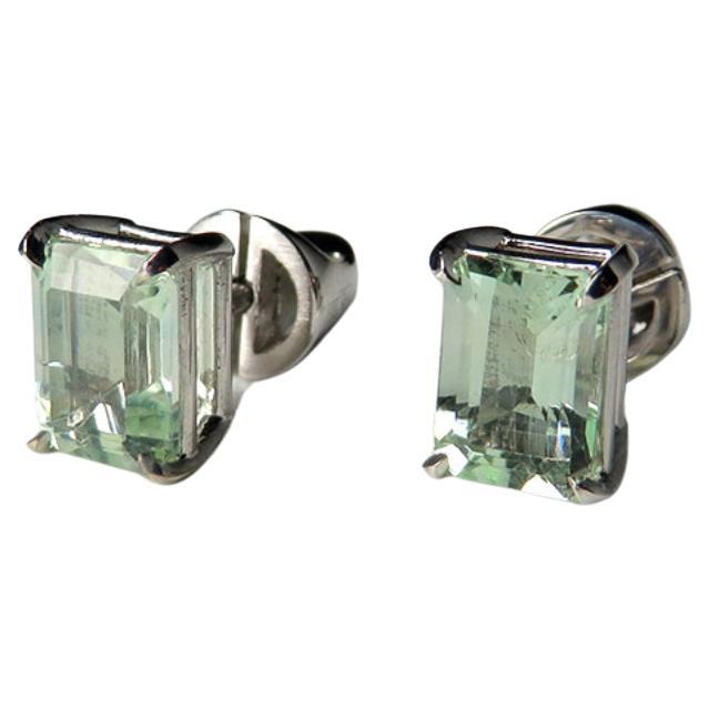Heliodor 14K White Gold Earrings Emerald Cut Light Green Beryl Minimalism Unisex For Sale