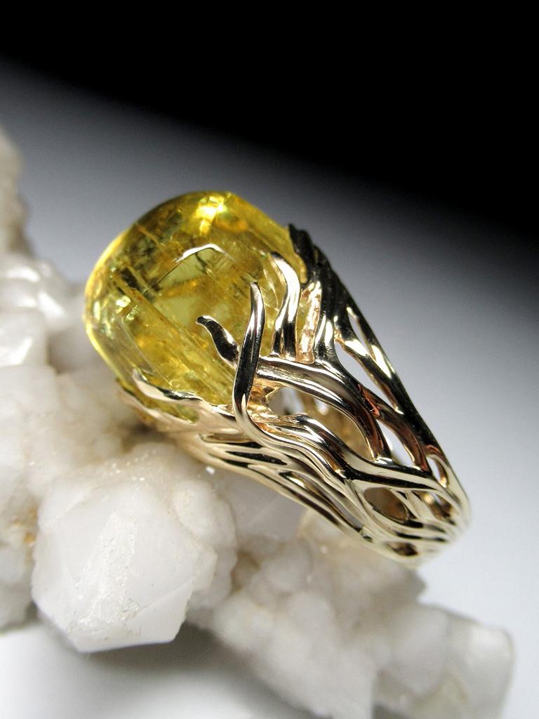 Art Nouveau Heliodor Gold Ring Yellow Beryl Dandelion Vivid Yellow For Sale