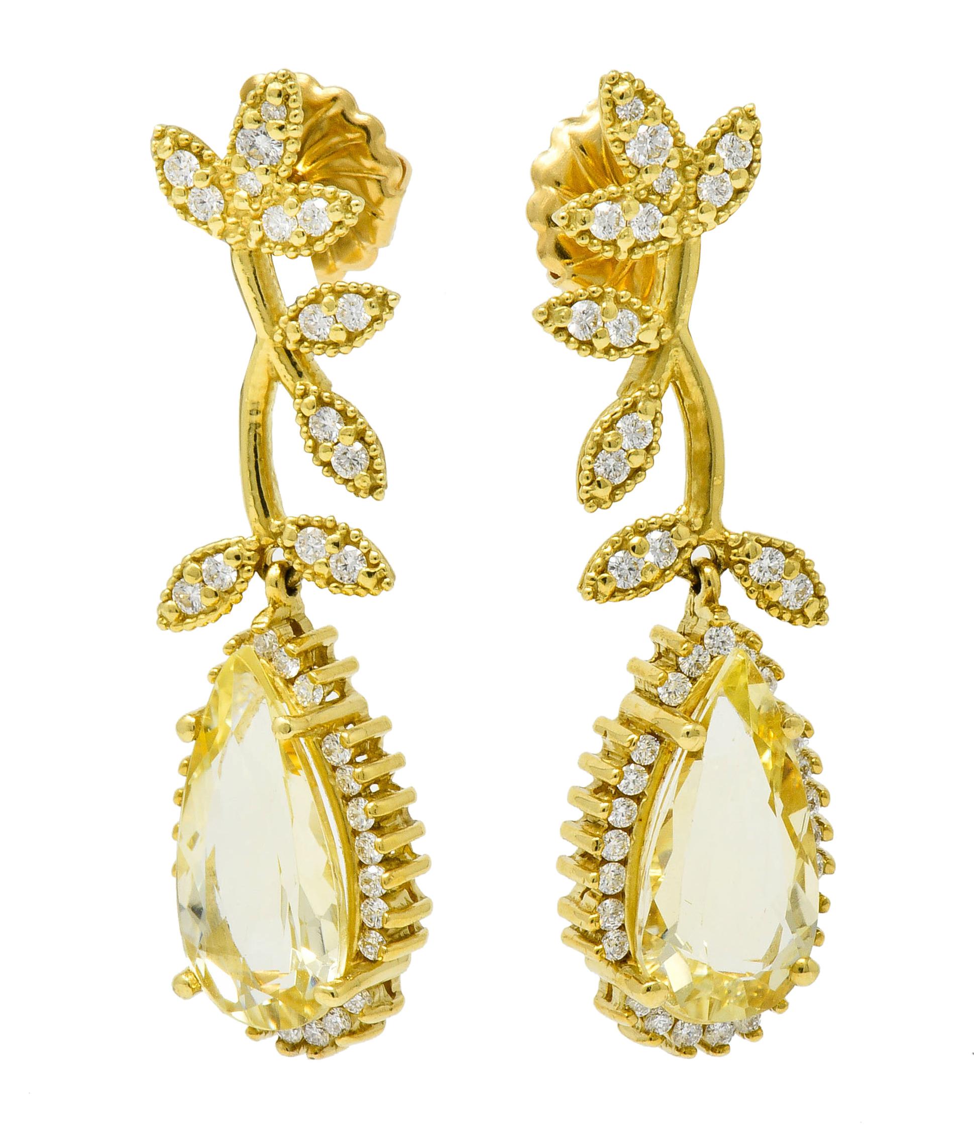 Heliodor Golden Beryl Diamond 18 Karat Gold Foliate Drop Earrings 1