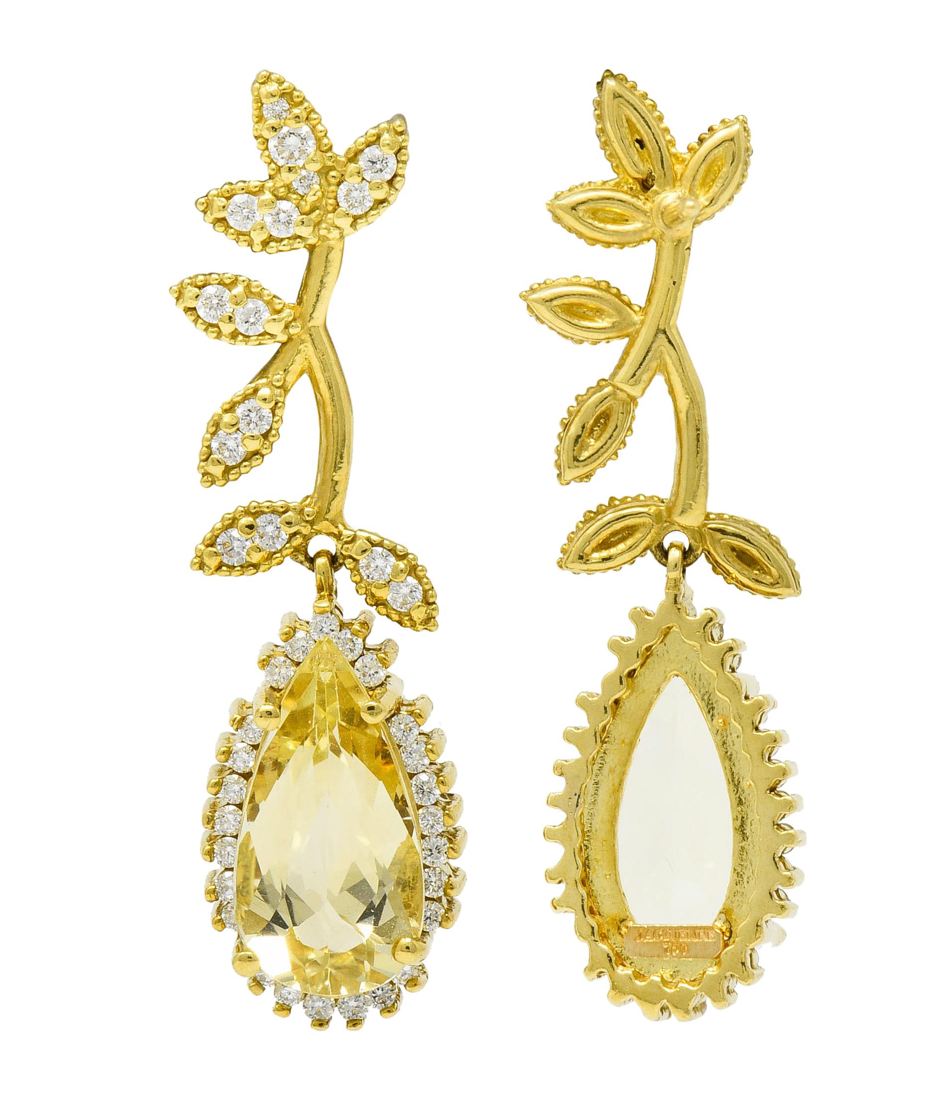 Heliodor Golden Beryl Diamond 18 Karat Gold Foliate Drop Earrings In Excellent Condition In Philadelphia, PA