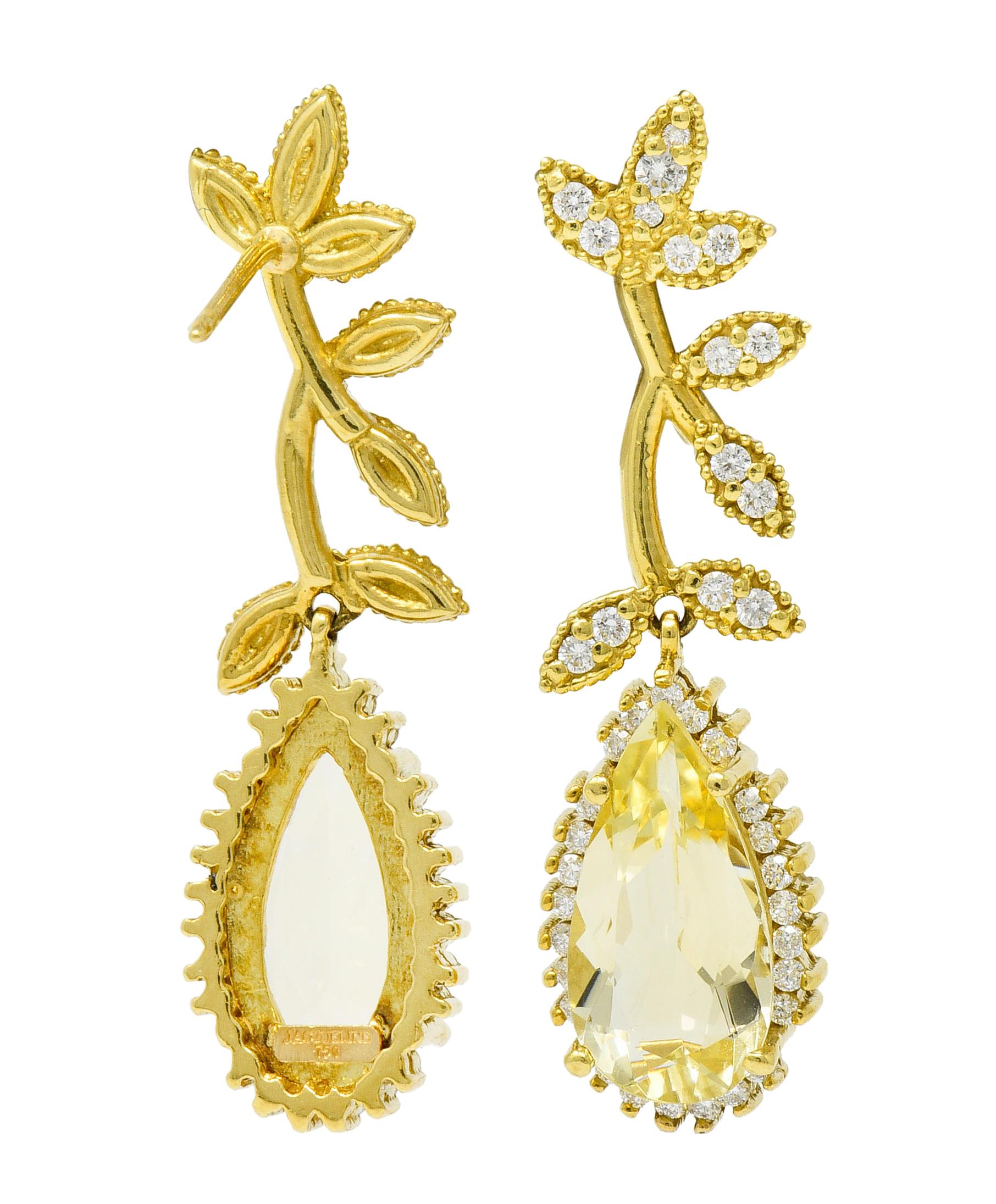 Women's or Men's Heliodor Golden Beryl Diamond 18 Karat Gold Foliate Drop Earrings