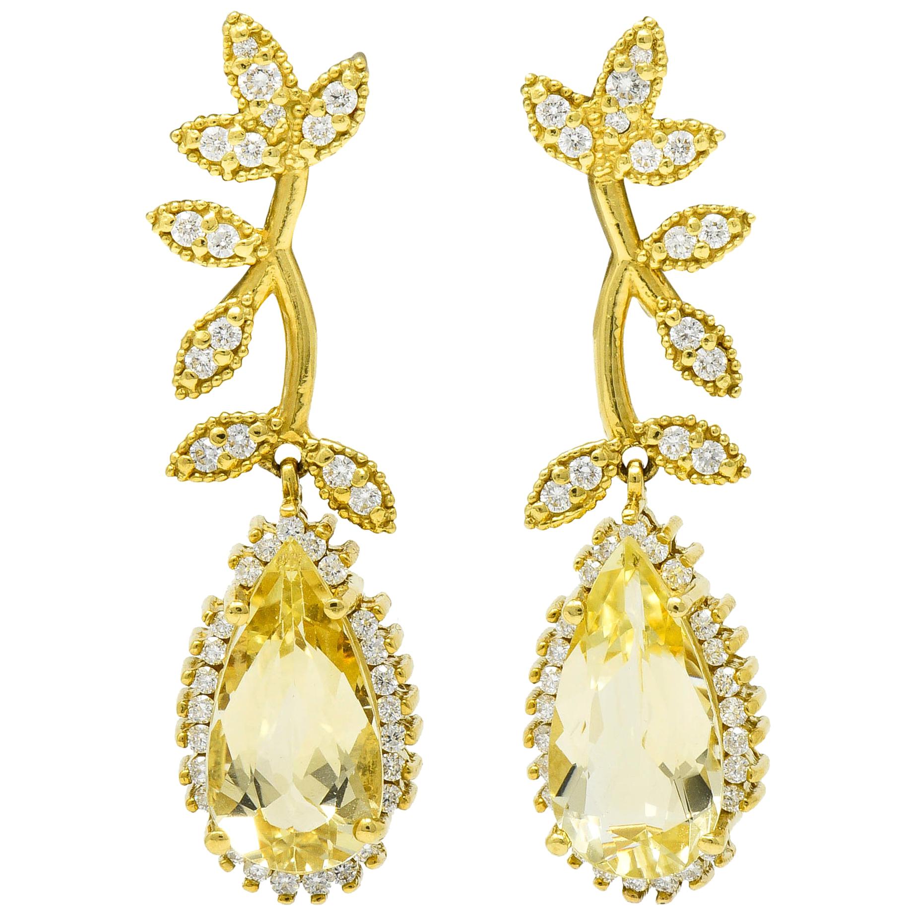 Heliodor Golden Beryl Diamond 18 Karat Gold Foliate Drop Earrings
