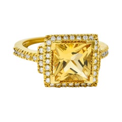 Heliodor Golden Beryl Diamond Halo 18 Karat Gold Gemstone Ring