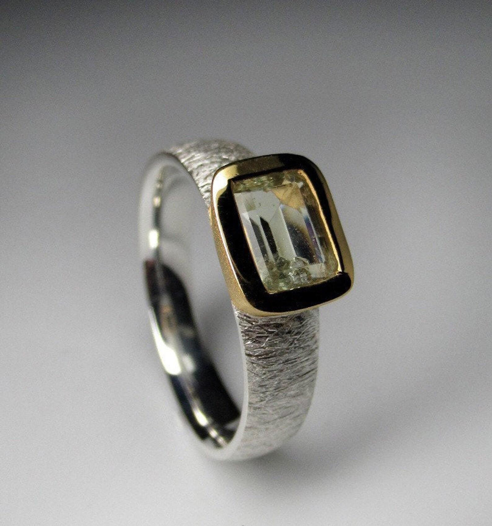 Heliodor Kratzer Silber Ring vergoldet brasilianischen Gelb Beryll Edelstein  (Baguetteschliff) im Angebot
