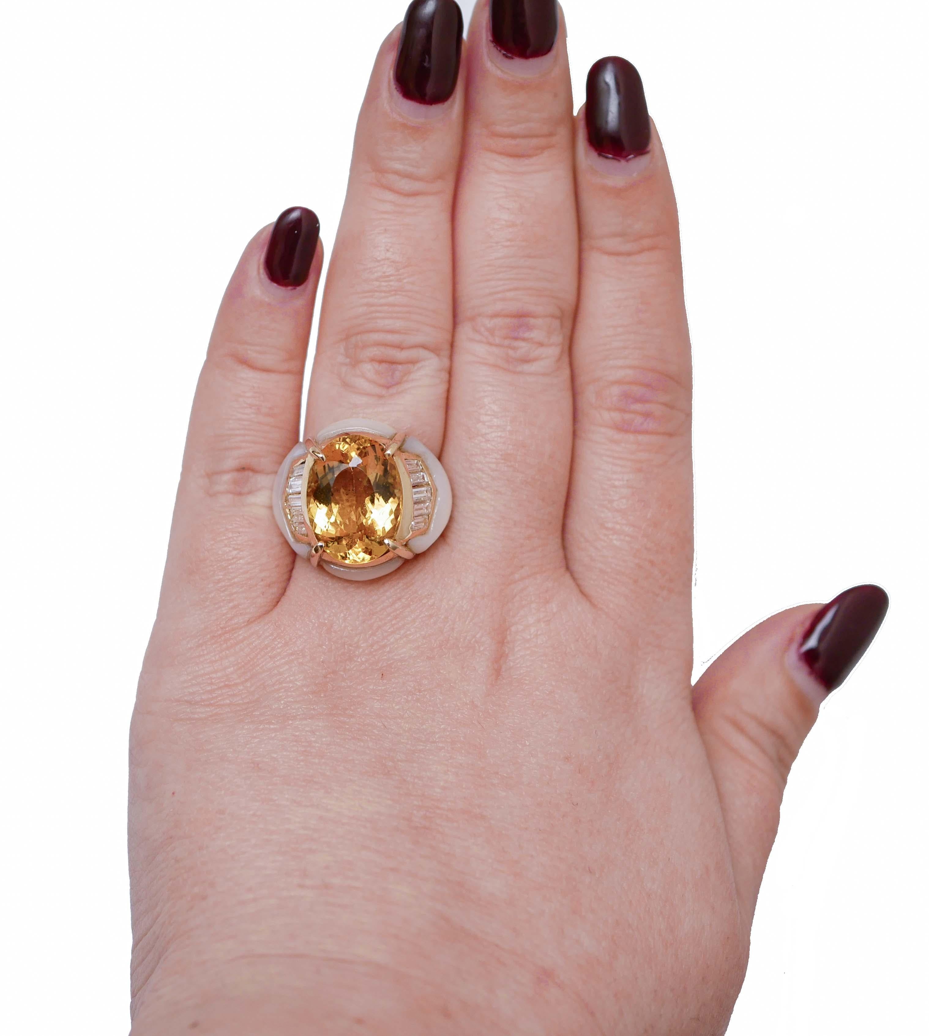 Baguette Cut Heliodorus, Diamonds, White Stones, 18 Karat Rose Gold Ring. For Sale