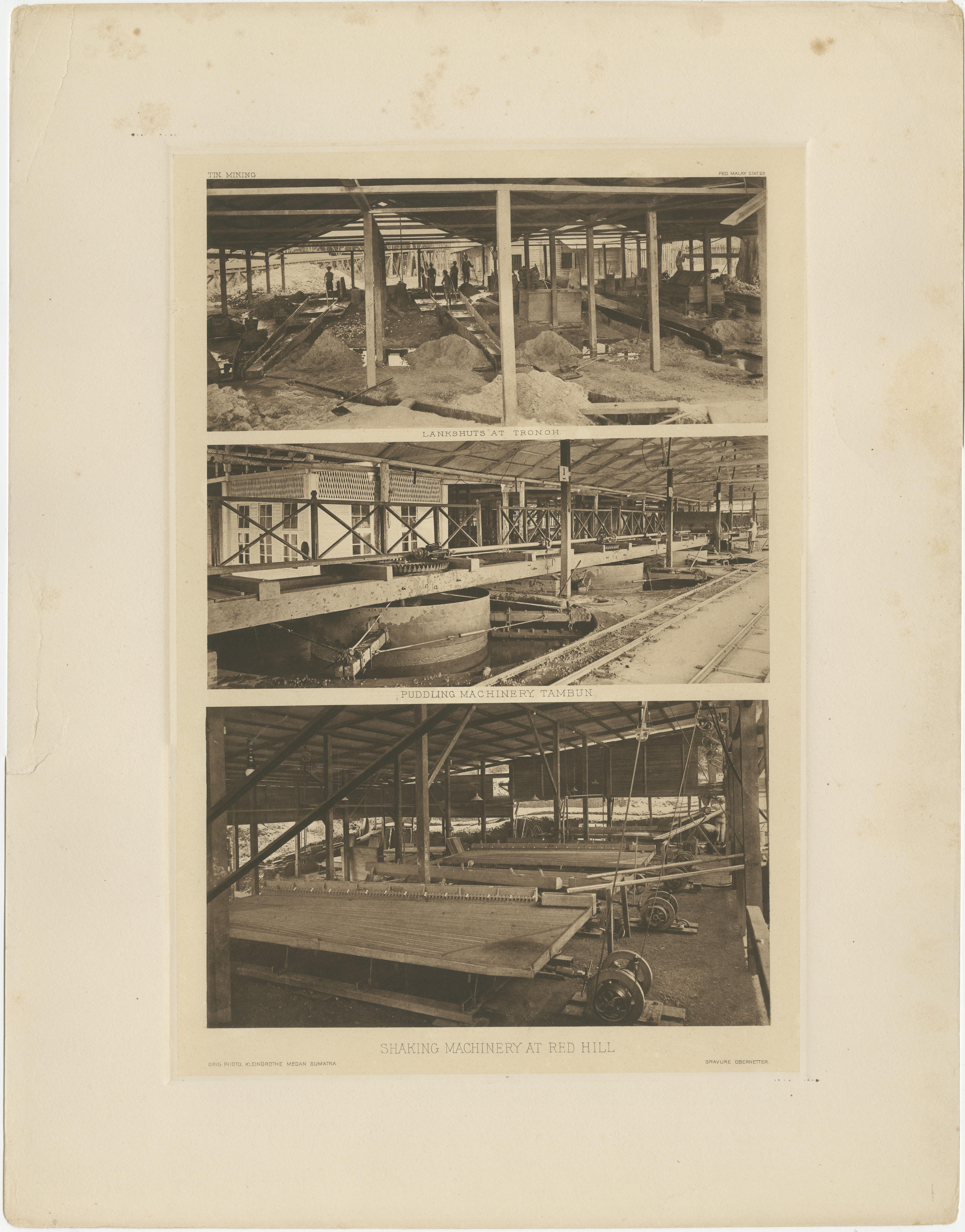 Three views of the Mining Industry in Malaysia around 1907. 

1. Lankshuts at Tronoh, Perak 
2. Puddling Machinery, Tambun in Sabah
3. Shaking Machinery at Red Hill

This heliogravures are on one leaf from the extremely rare boxed Malay