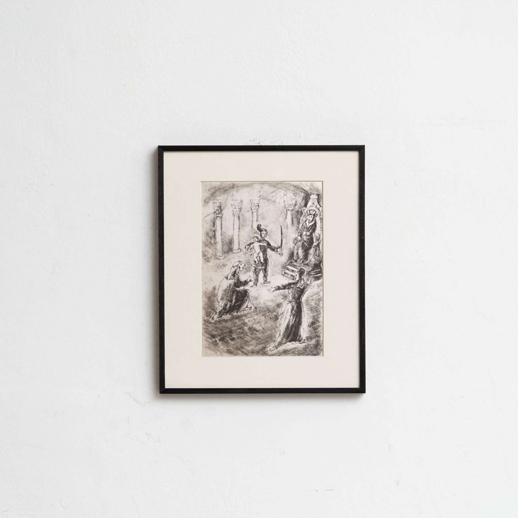 Descubre un impresionante heliograbado en blanco y negro del célebre Marc Chagall, que plasma su interpretación única de un tema bíblico con su característico estilo onírico. Este grabado pertenece a la serie de publicaciones Verve, y apareció