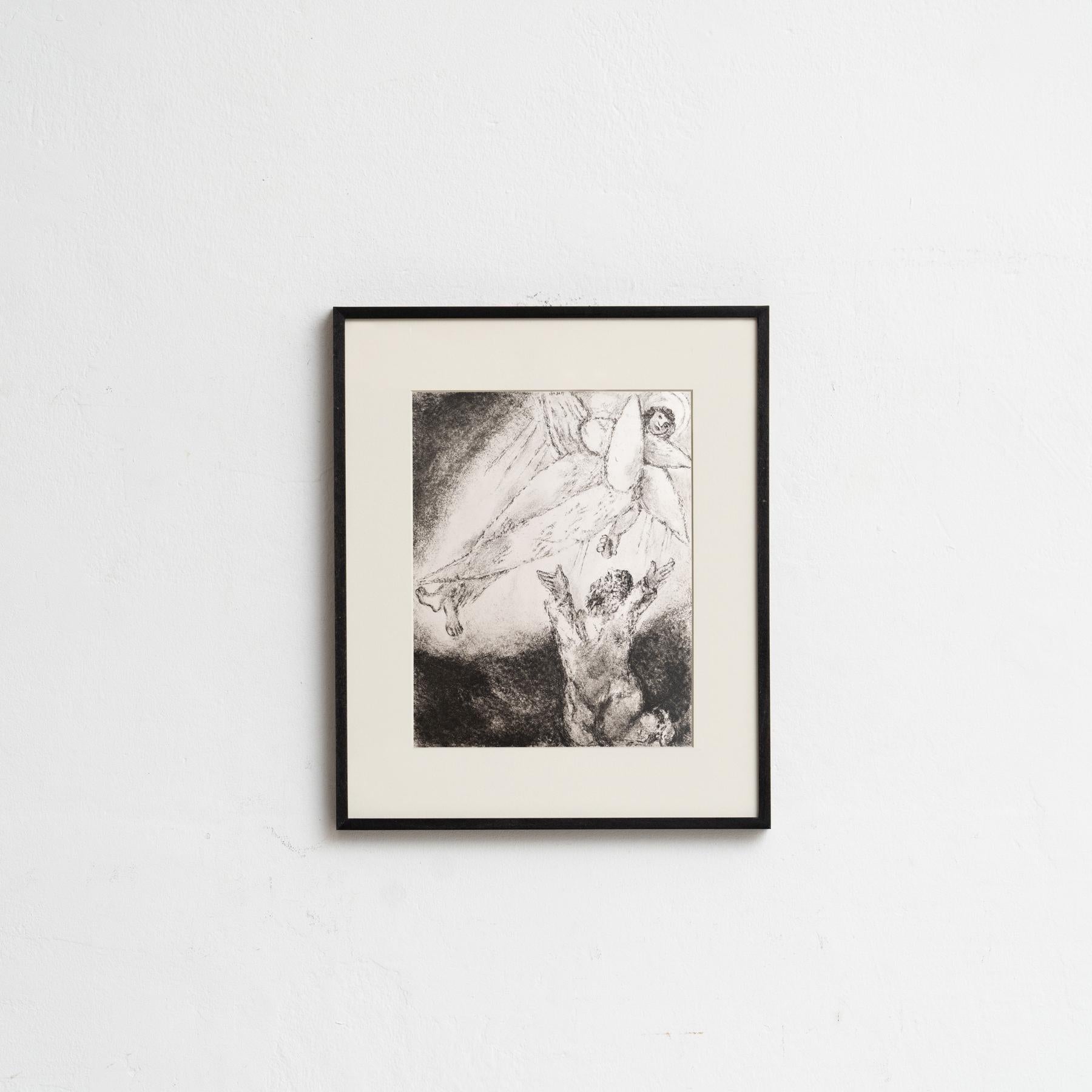 Descubre un impresionante heliograbado en blanco y negro del célebre Marc Chagall, que plasma su interpretación única de un tema bíblico con su característico estilo onírico. Este grabado pertenece a la serie de publicaciones Verve, y apareció