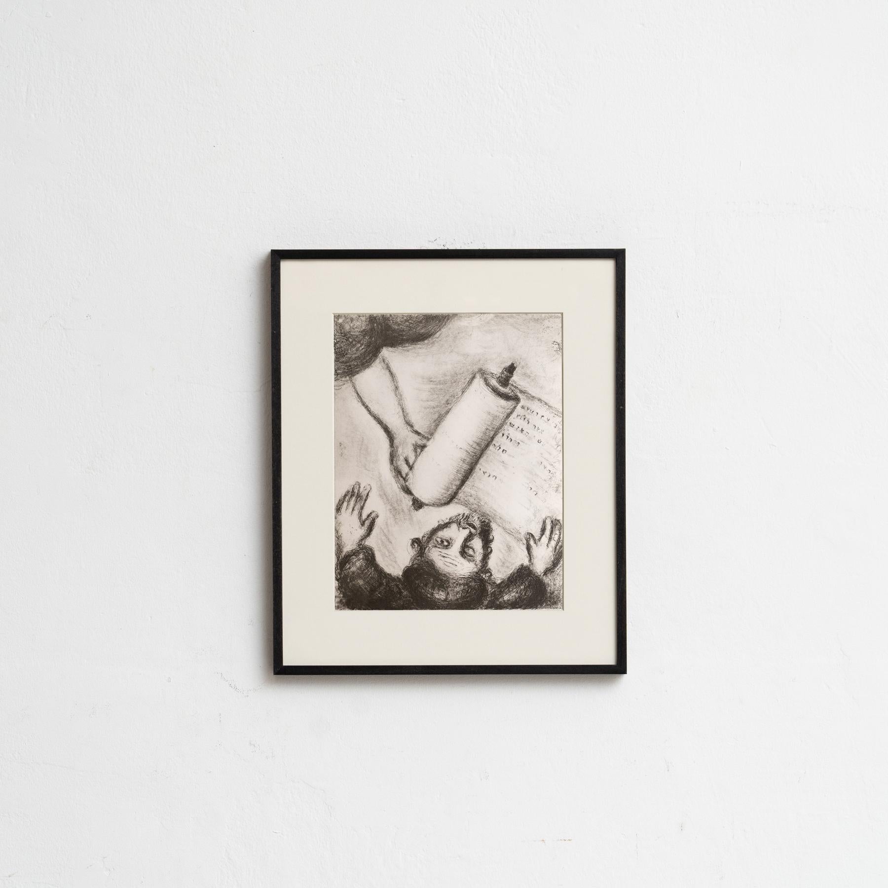 Descubre un impresionante heliograbado en blanco y negro del célebre Marc Chagall, que plasma su interpretación única de un tema bíblico con su característico estilo onírico. Este grabado pertenece a la serie de publicaciones Verve, y apareció