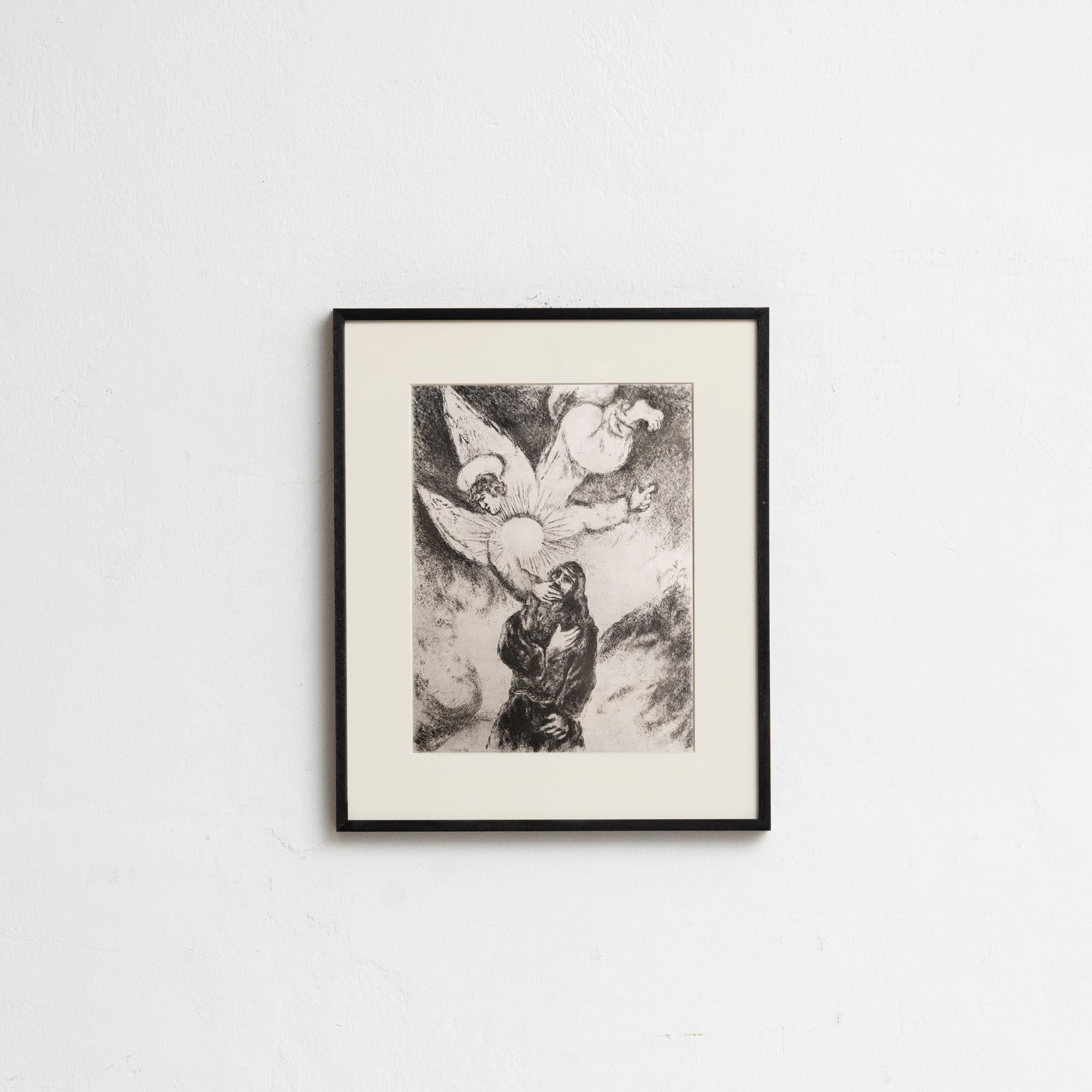 Descubre un impresionante heliograbado en blanco y negro del célebre Marc Chagall, que plasma su interpretación única de un tema bíblico con su característico estilo onírico. Este grabado pertenece a la serie de publicaciones Verve, y apareció