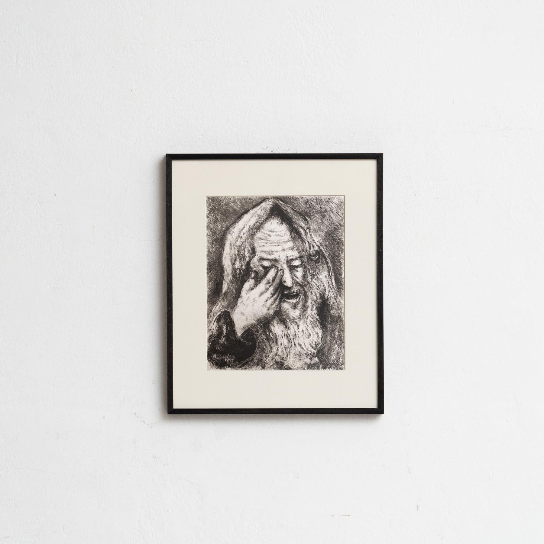 Descubre un impresionante heliograbado en blanco y negro del célebre Marc Chagall, que plasma su interpretación única de un tema bíblico con su característico estilo onírico. Este grabado pertenece a la serie de publicaciones Verve, y apareció