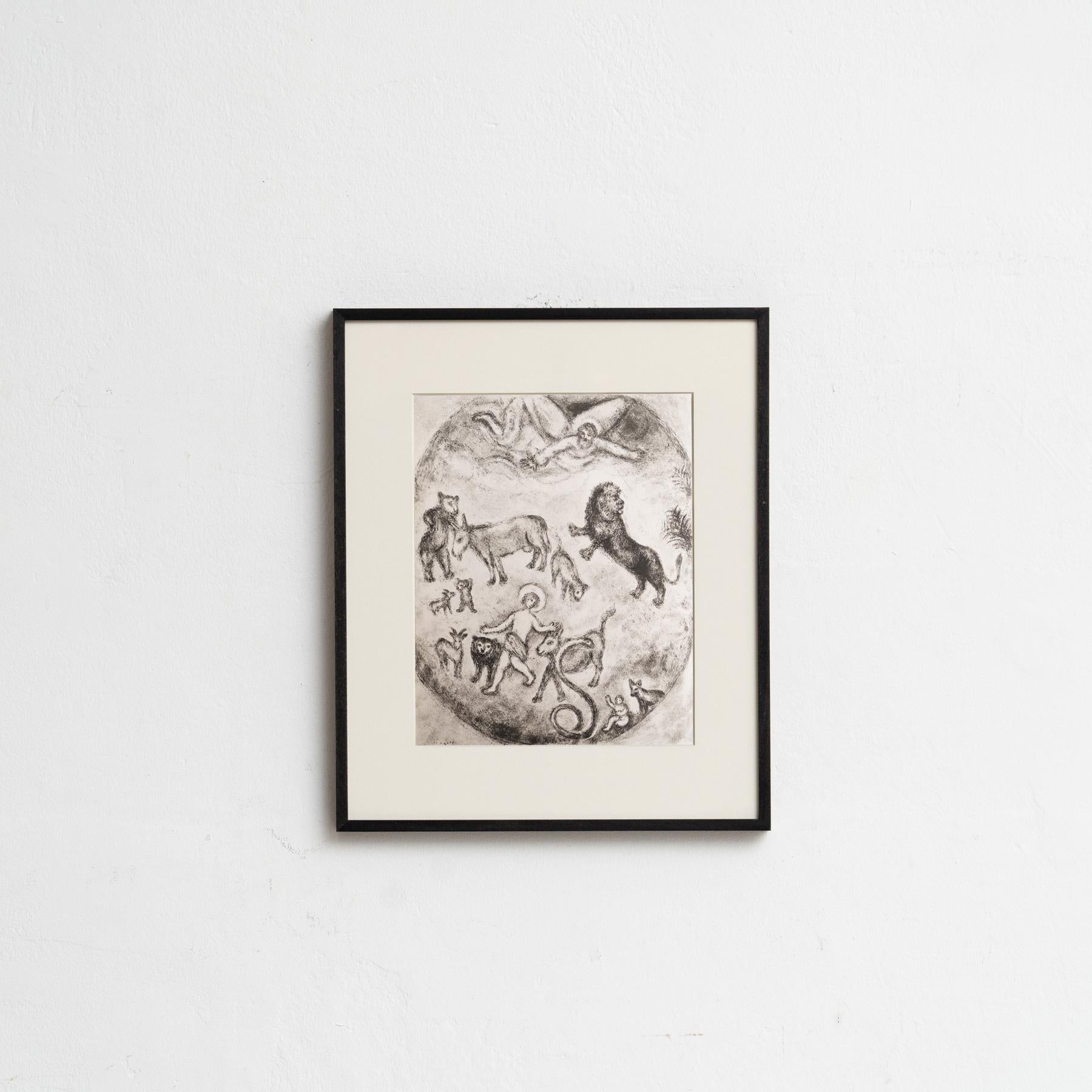 Descubre un impresionante heliograbado en blanco y negro del célebre Marc Chagall, que plasma su interpretación única de un tema bíblico con su característico estilo onírico. Este grabado pertenece a la serie de publicaciones Verve, y apareció