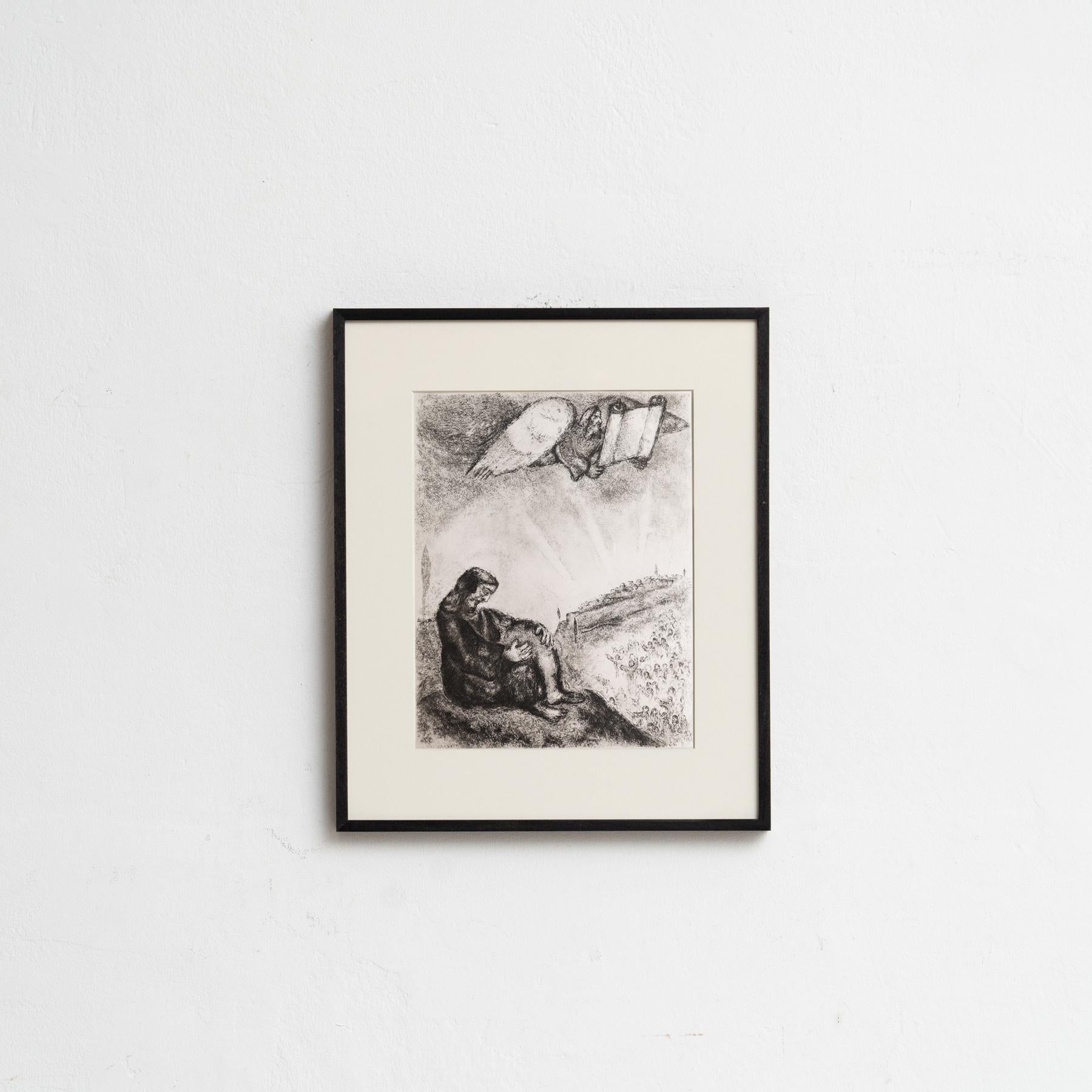 Descubre un impresionante heliograbado en blanco y negro del célebre Marc Chagall, que plasma su interpretación única de un tema bíblico con su característico estilo onírico. Este grabado pertenece a la serie de publicaciones Verve, y apareció
