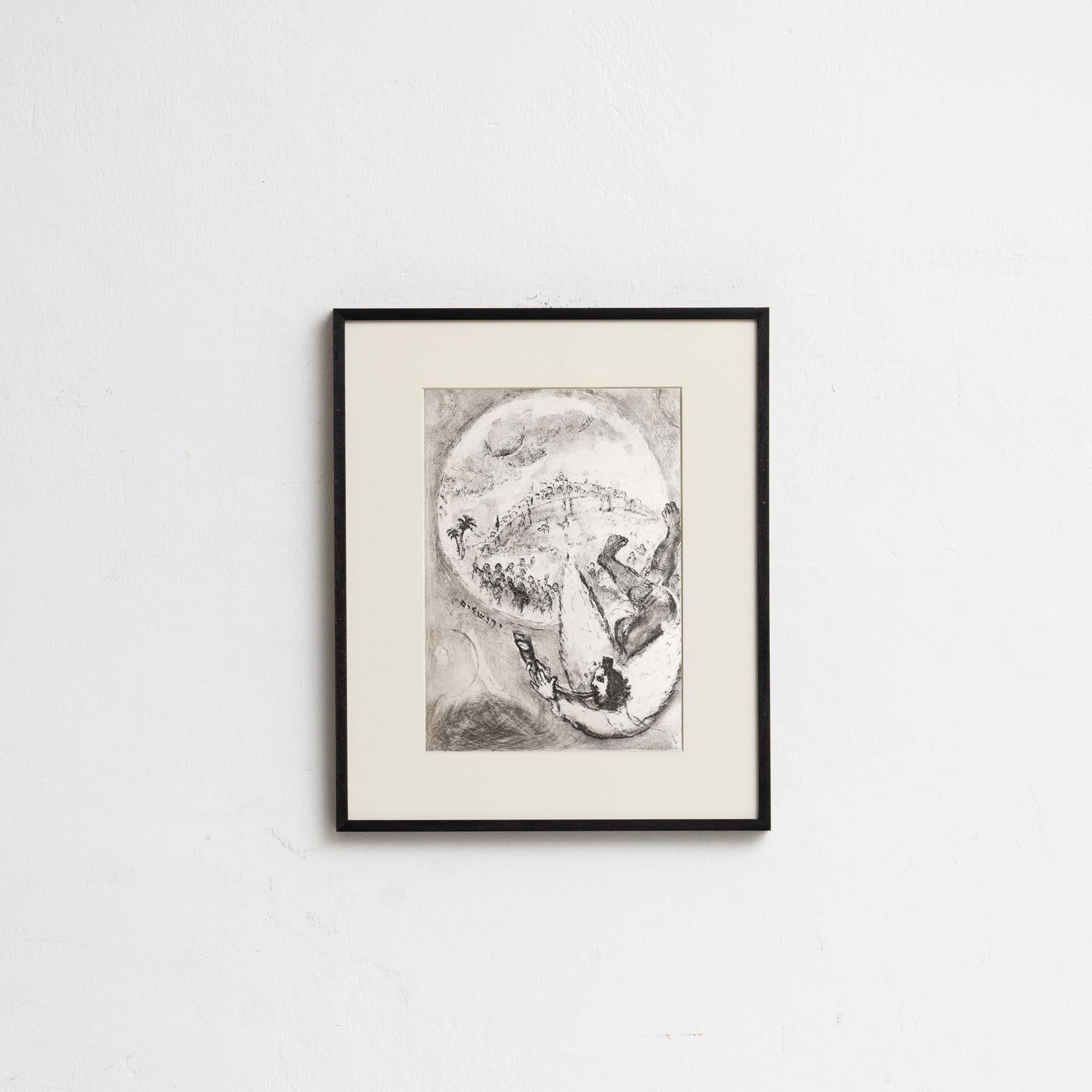 Descubre un impresionante heliograbado en blanco y negro del célebre Marc Chagall, que plasma su interpretación única de un tema bíblico con su característico estilo onírico. Este grabado pertenece a la serie de publicaciones Verve, y apareció