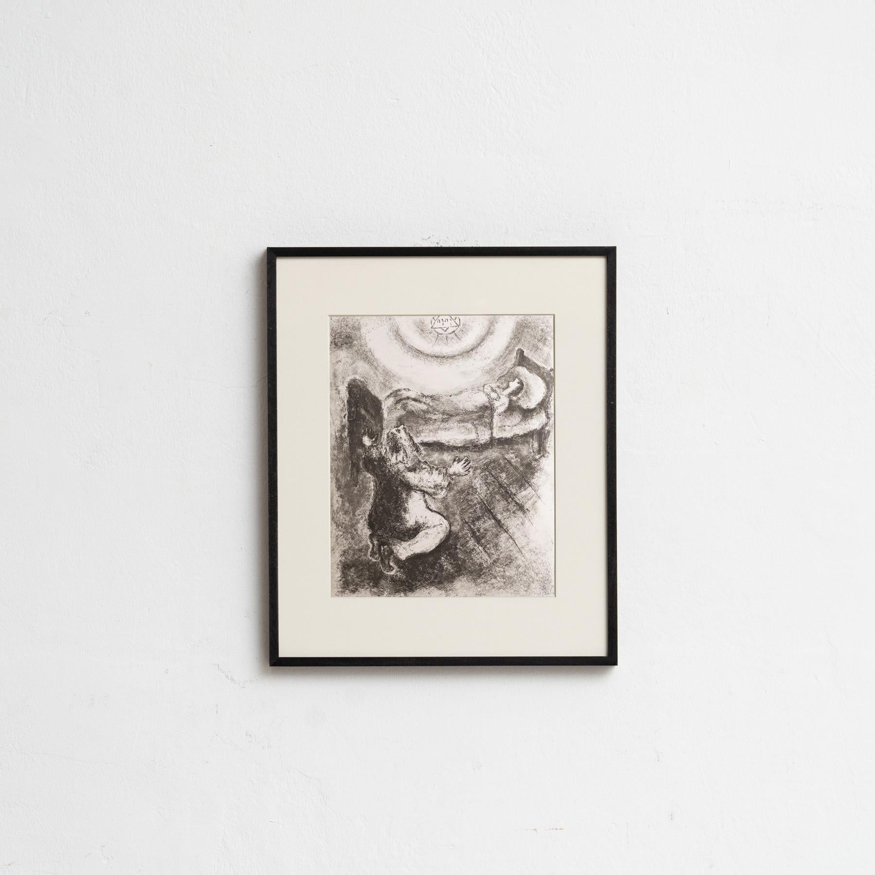 Descubre un impresionante heliograbado en blanco y negro del célebre Marc Chagall, que plasma su interpretación única de un tema bíblico con su característico estilo onírico. Este grabado pertenece a la serie de publicaciones Verve, y apareció