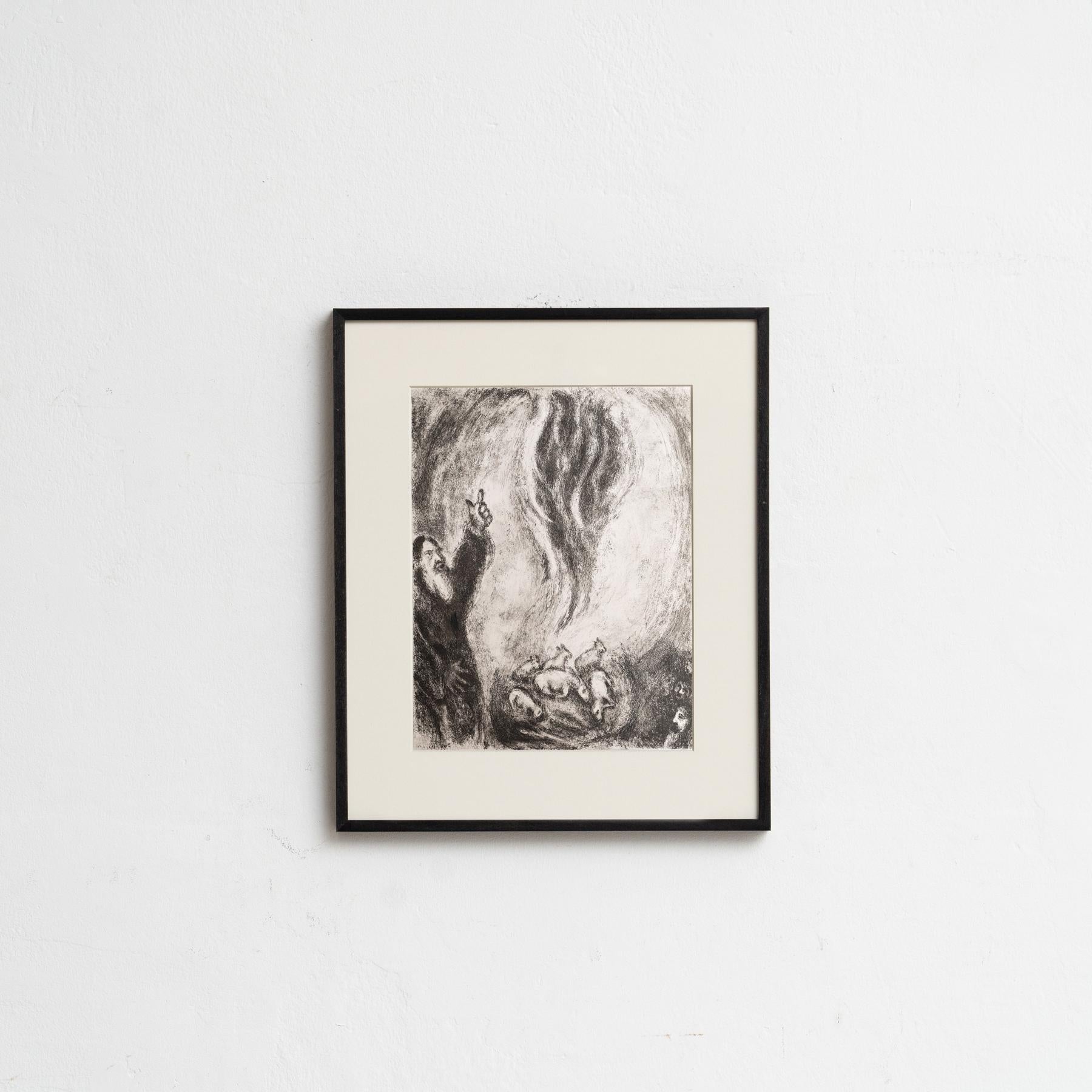 Descubre un impresionante heliograbado en blanco y negro del célebre Marc Chagall, que plasma su interpretación única de un tema bíblico con su característico estilo onírico. Este grabado pertenece a la serie de publicaciones Verve, y apareció