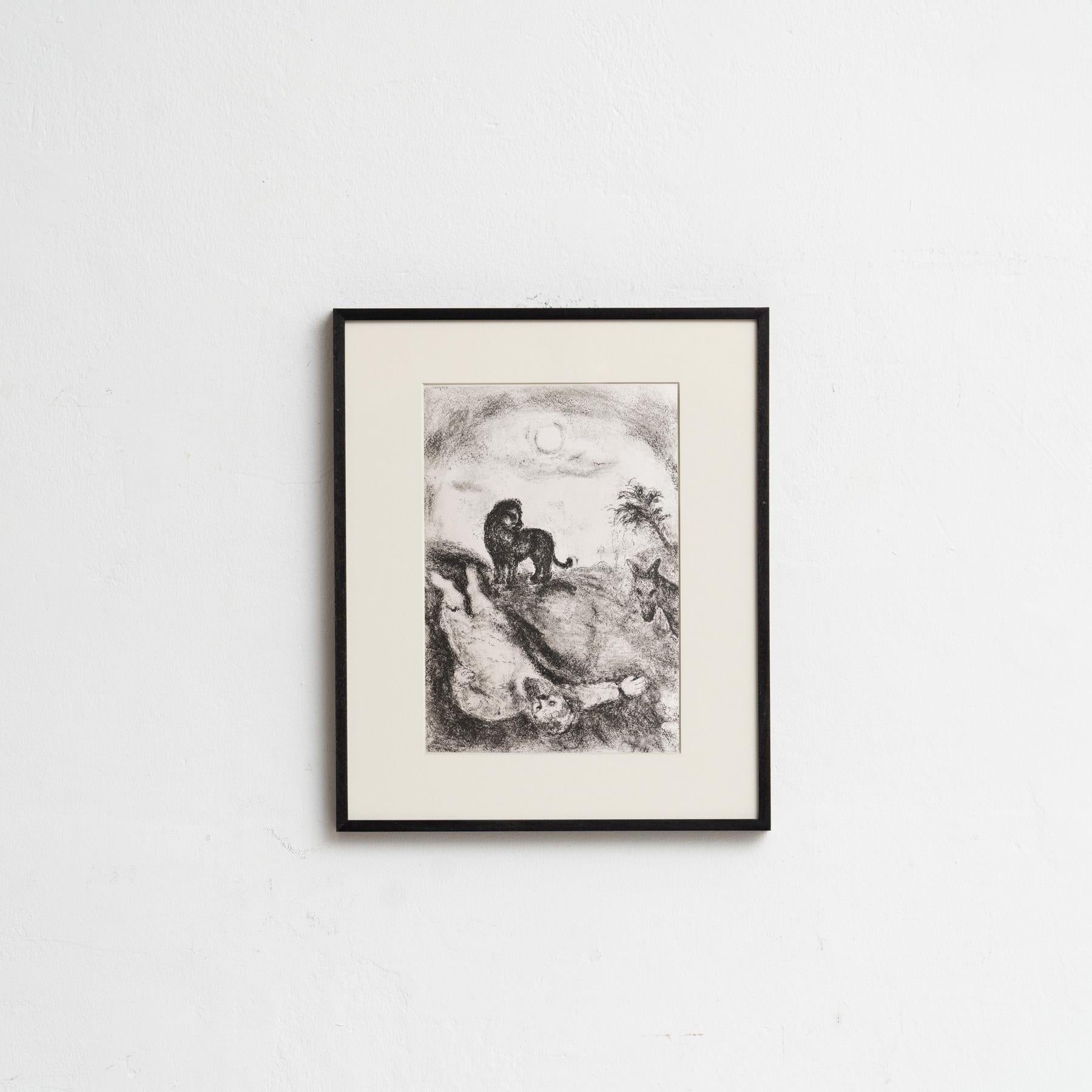 Descubre un impresionante heliograbado en blanco y negro del célebre Marc Chagall, que plasma su interpretación única de un tema bíblico con su característico estilo onírico. Este grabado pertenece a la serie de publicaciones Verve, y apareció