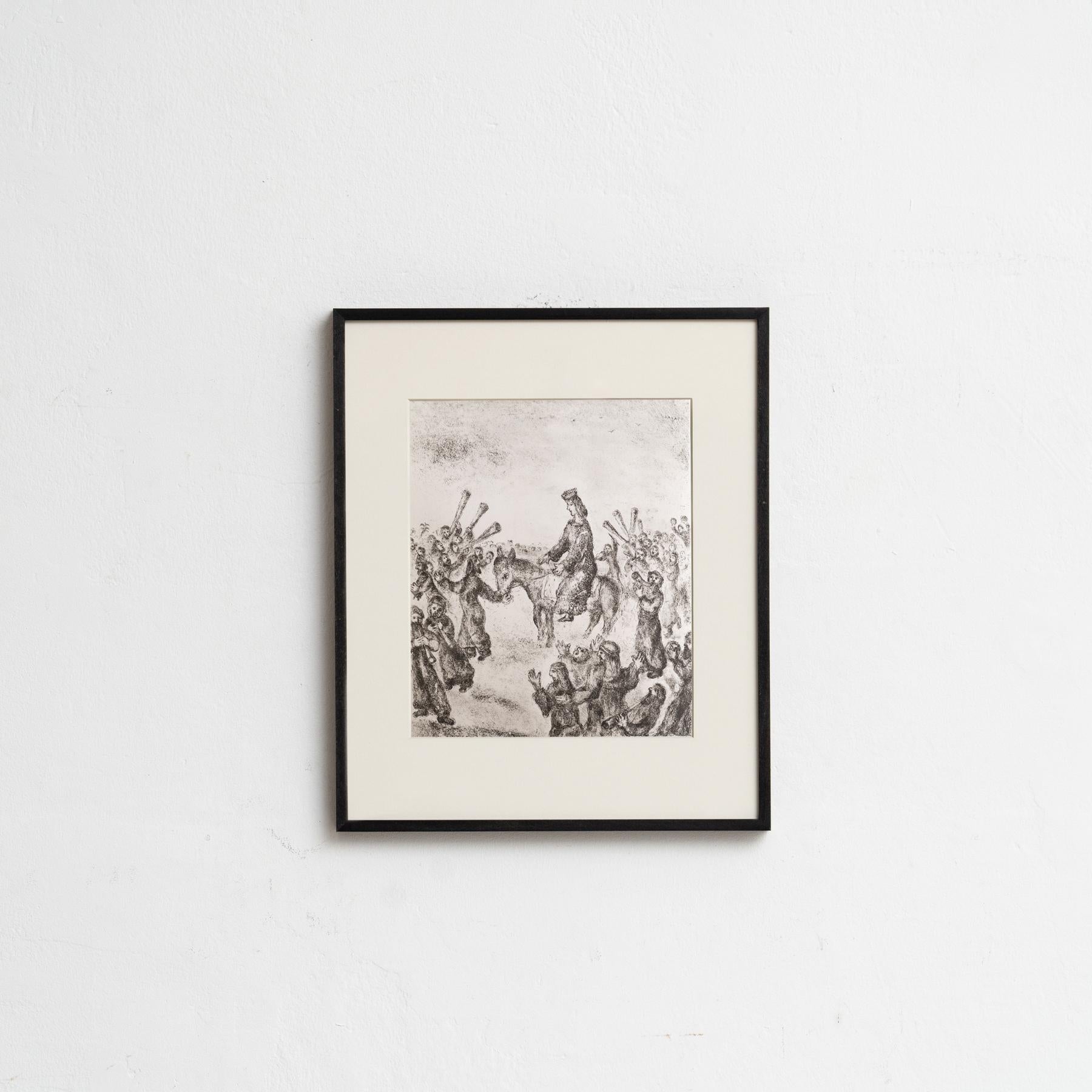 Descubre un impresionante heliograbado en blanco y negro del célebre Marc Chagall, que plasma su interpretación única de un tema bíblico con su característico estilo onírico. Este grabado pertenece a la serie de publicaciones Verve, y apareció