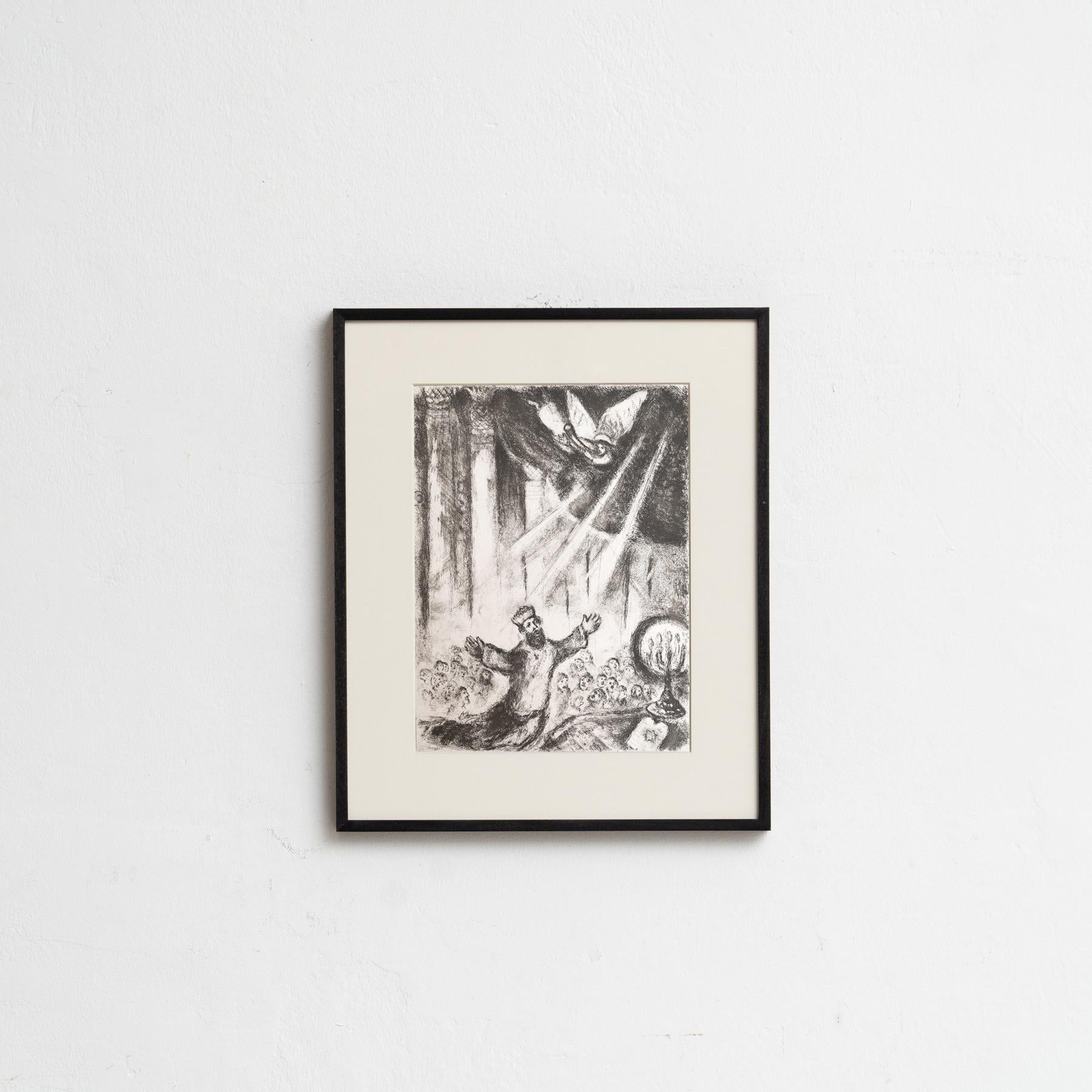 Descubre un impresionante heliograbado en blanco y negro del célebre Marc Chagall, que plasma su interpretación única de un tema bíblico con su característico estilo onírico. Este grabado pertenece a la serie de publicaciones Verve, y apareció