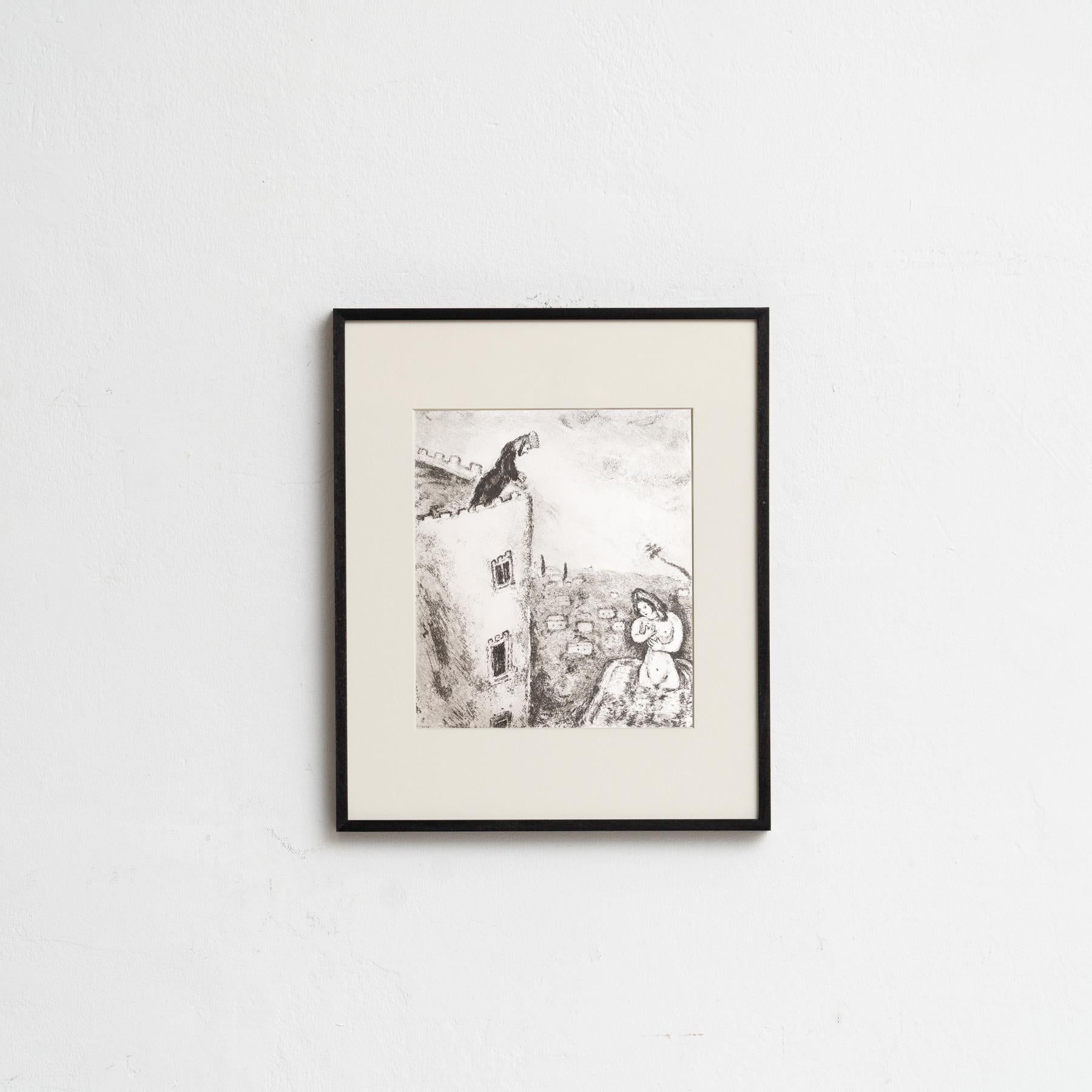 Descubre un impresionante heliograbado en blanco y negro del célebre Marc Chagall, que plasma su interpretación única de un tema bíblico con su característico estilo onírico. Este grabado pertenece a la serie de publicaciones Verve, y apareció
