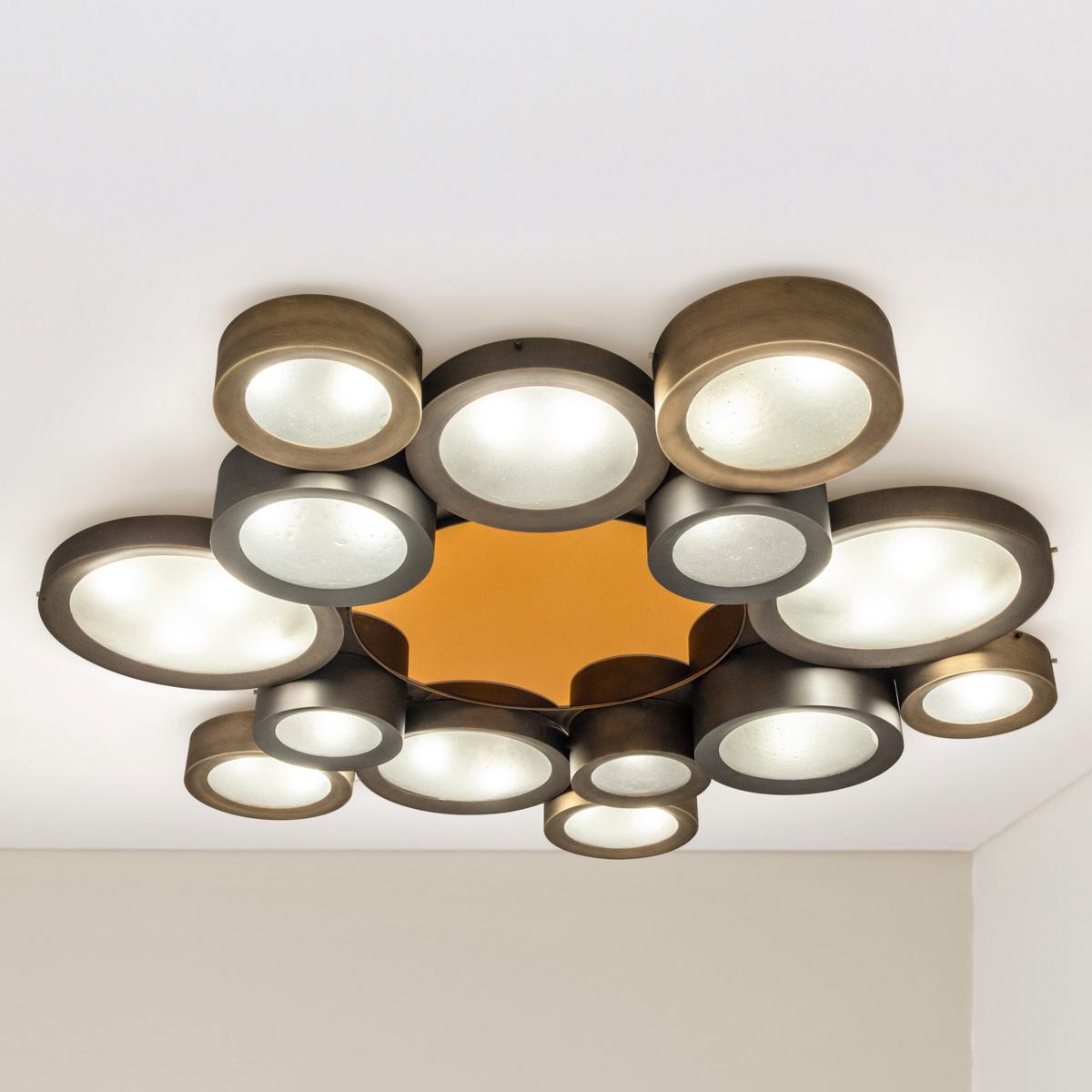 Italian Helios 66 Ceiling Light by Gaspare Asaro-Satin Brass and Satin Nickel Finish For Sale