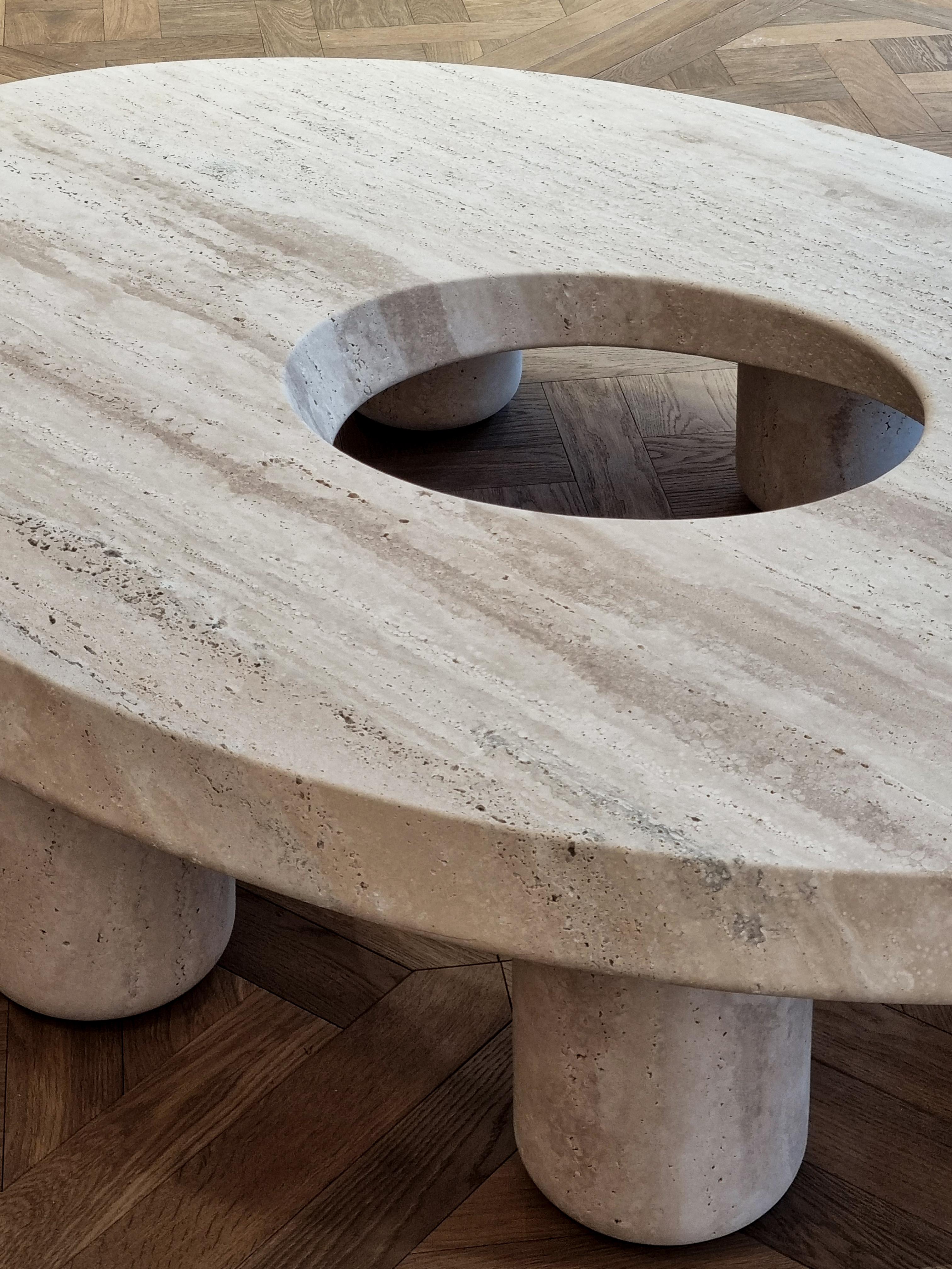 Post-Modern Contemporary Sculptural Helios Coffee Table in Travertine by Michel Amar For Sale