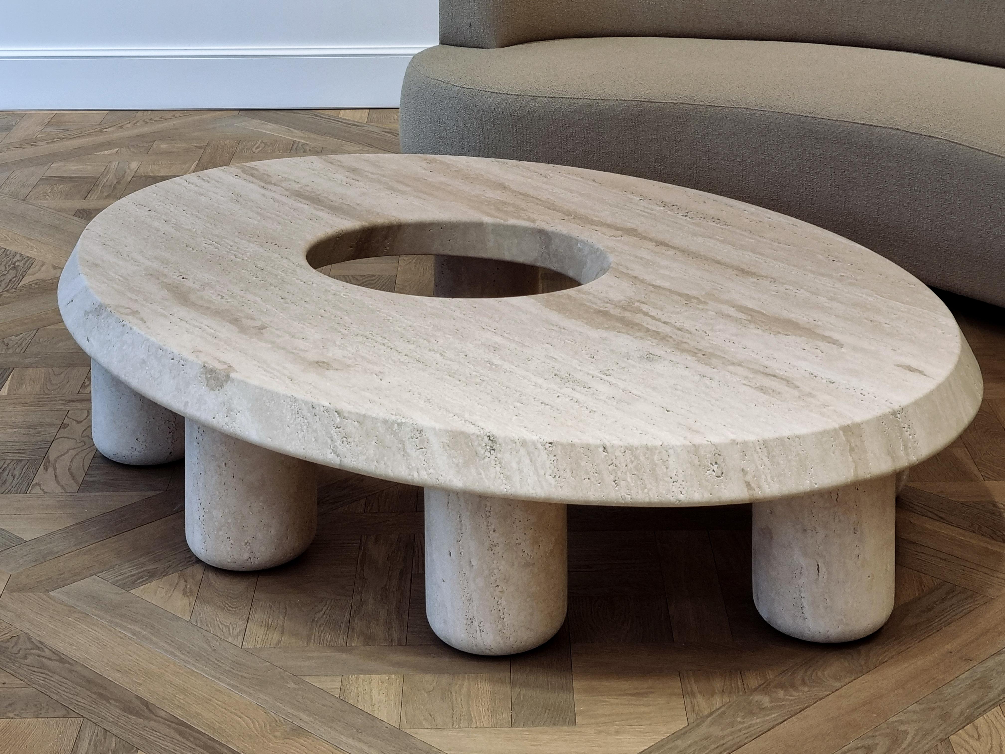 French Contemporary Sculptural Helios Coffee Table in Travertine by Michel Amar For Sale