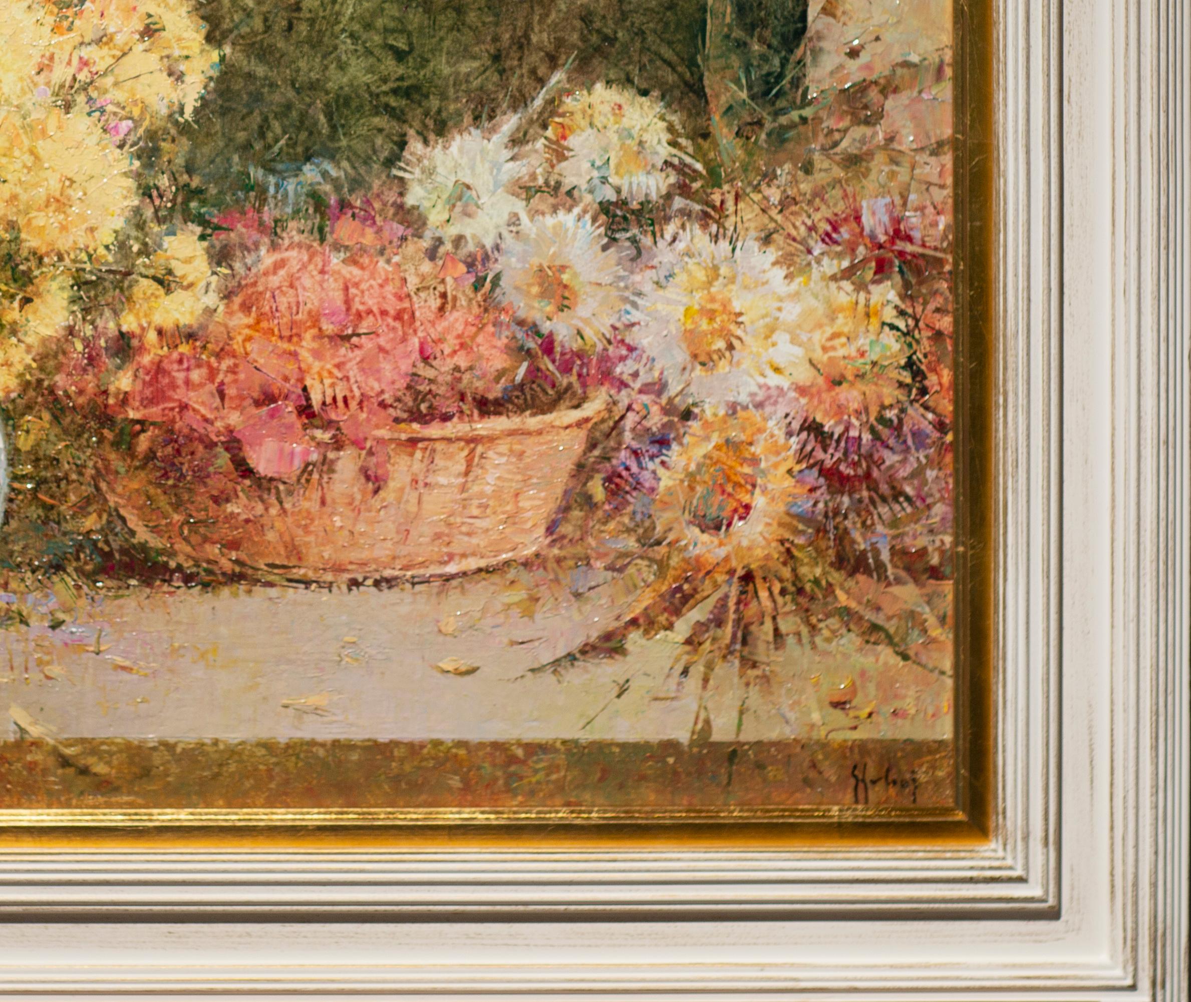 'Recogiendo las flores silvestres' Cuadro bodegón contemporáneo, amarillo, rosa - Painting Impresionista de Helios Gisbert