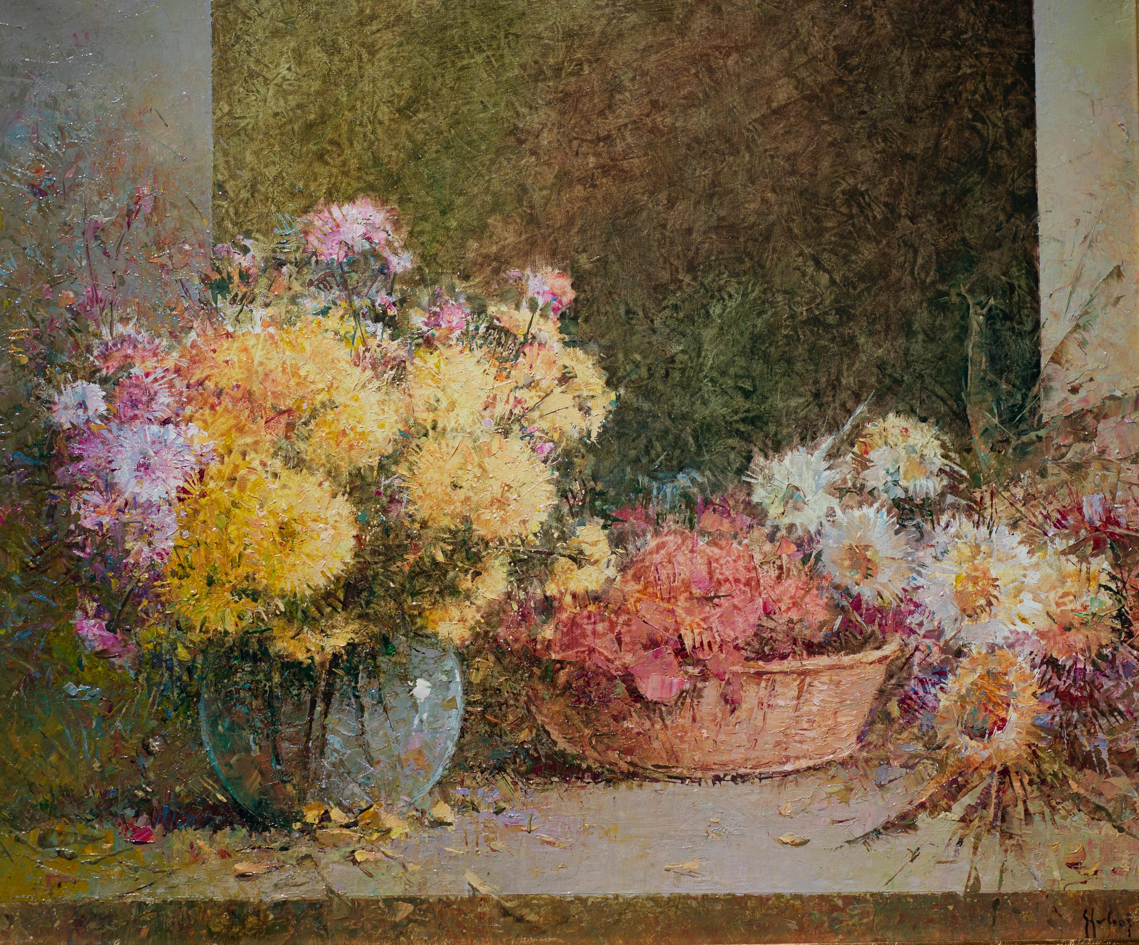 Helios Gisbert Still-Life Painting - 'Collecting the Wildflowers' Contemporary Still Life painting, yellow, pink