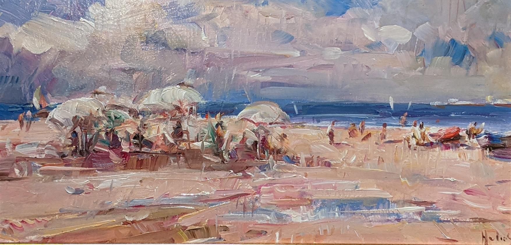 'Parasols' Colourful Contemporary beach scene of sea, sand, sky & figures - Painting by Helios Gisbert