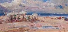 „Parasols“ Bunte zeitgenössische Strandszene mit Meer, Sand, Himmel und Figuren