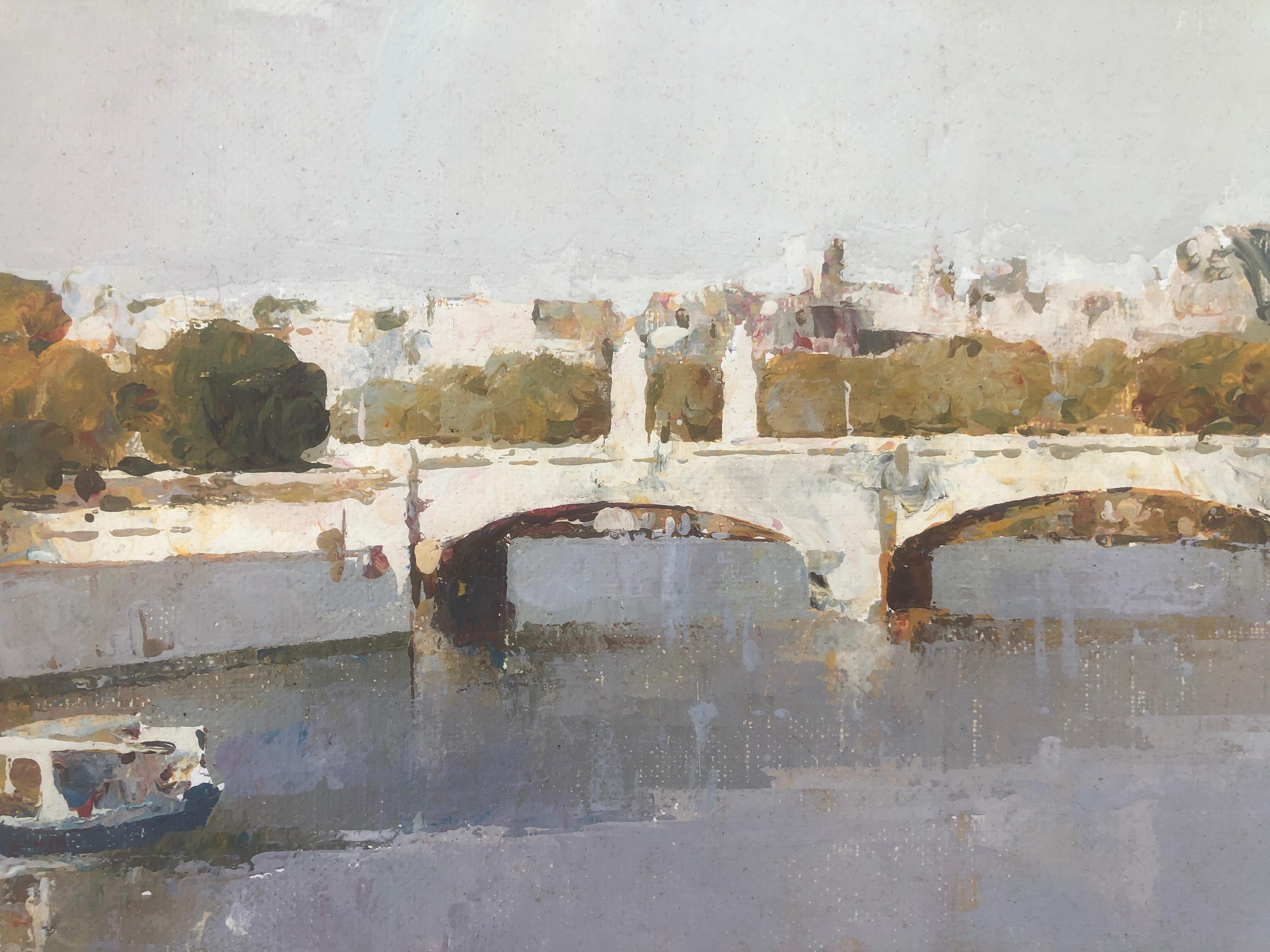 Rivière et pont huile sur toile peinture espagnole art européen - Réalisme Painting par Helios Gisbert