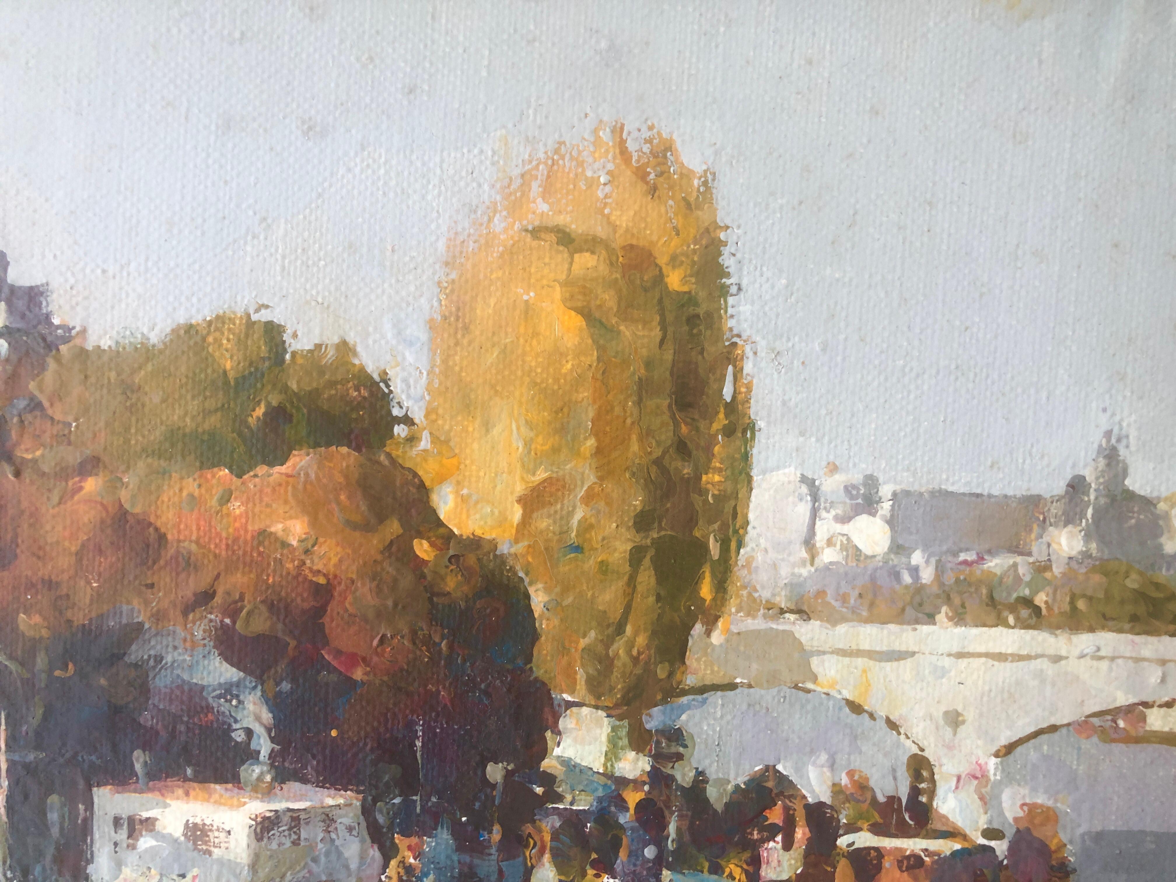 Fiume e ponte olio su tela pittura spagna arte europea spagnola - Landscape Painting Grigio di Helios Gisbert