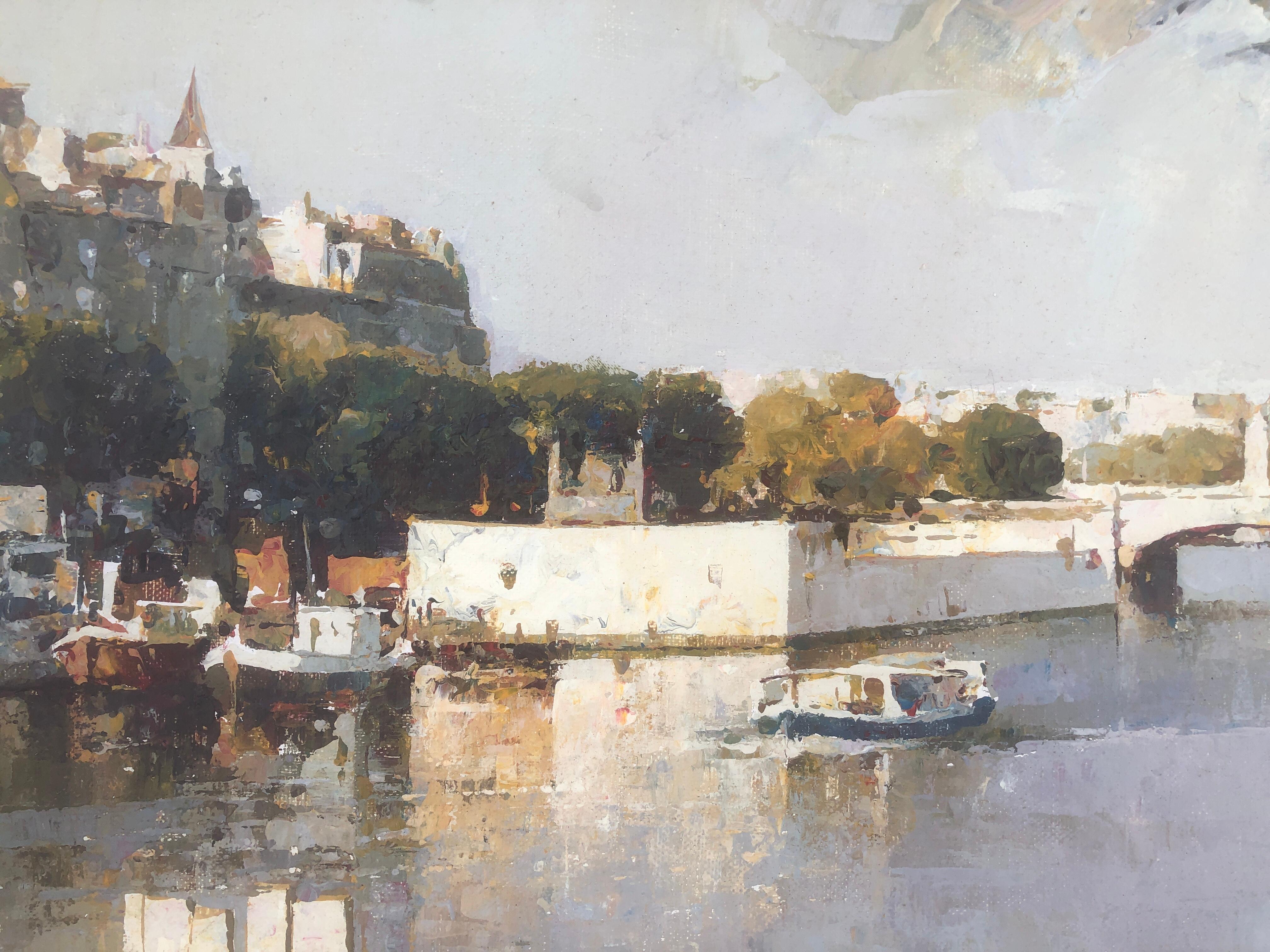 Rivière et pont huile sur toile peinture espagnole art européen en vente 3