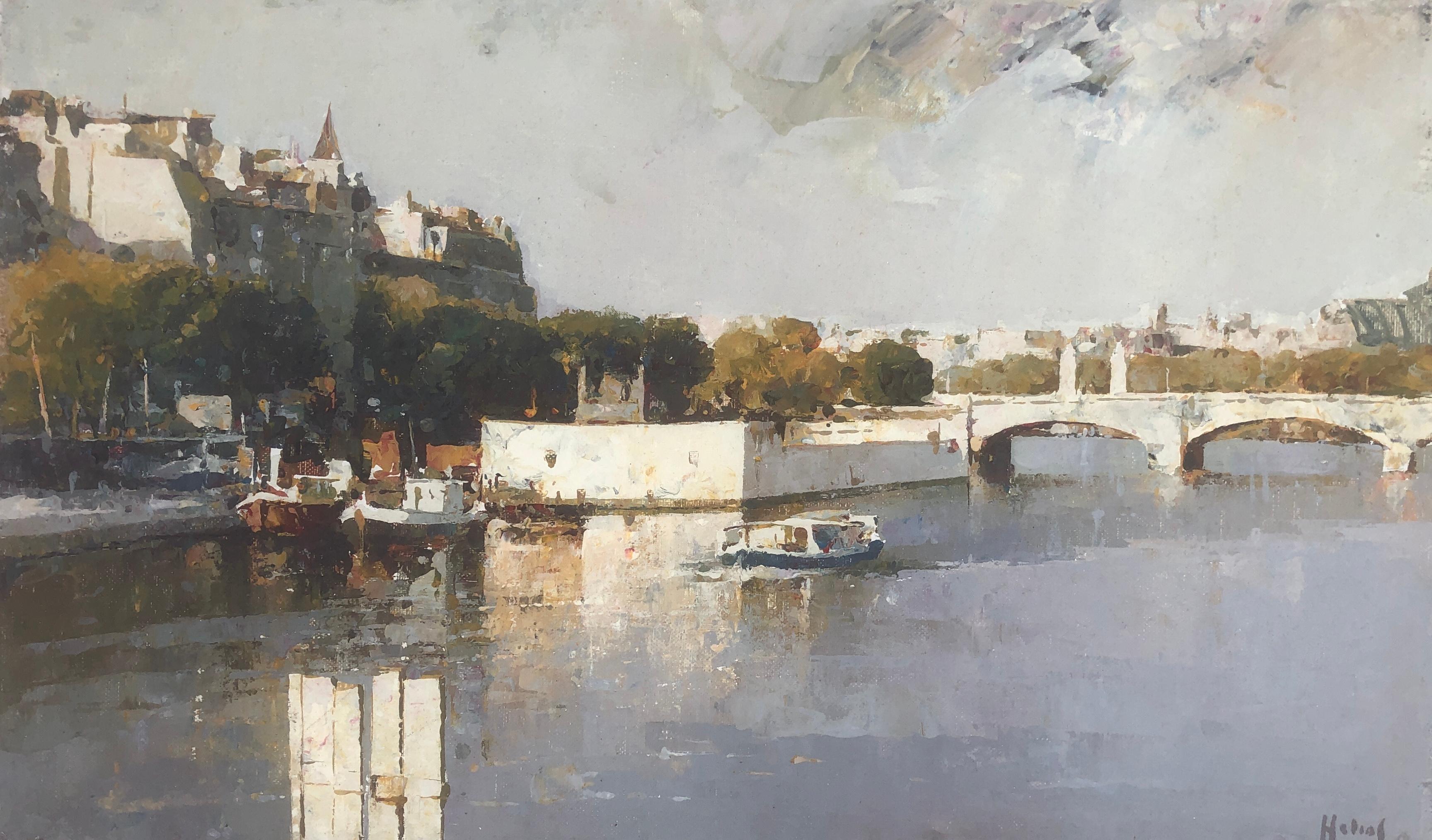 Helios Gisbert Landscape Painting - River and bridge oil on canvas painting spain spanish european art