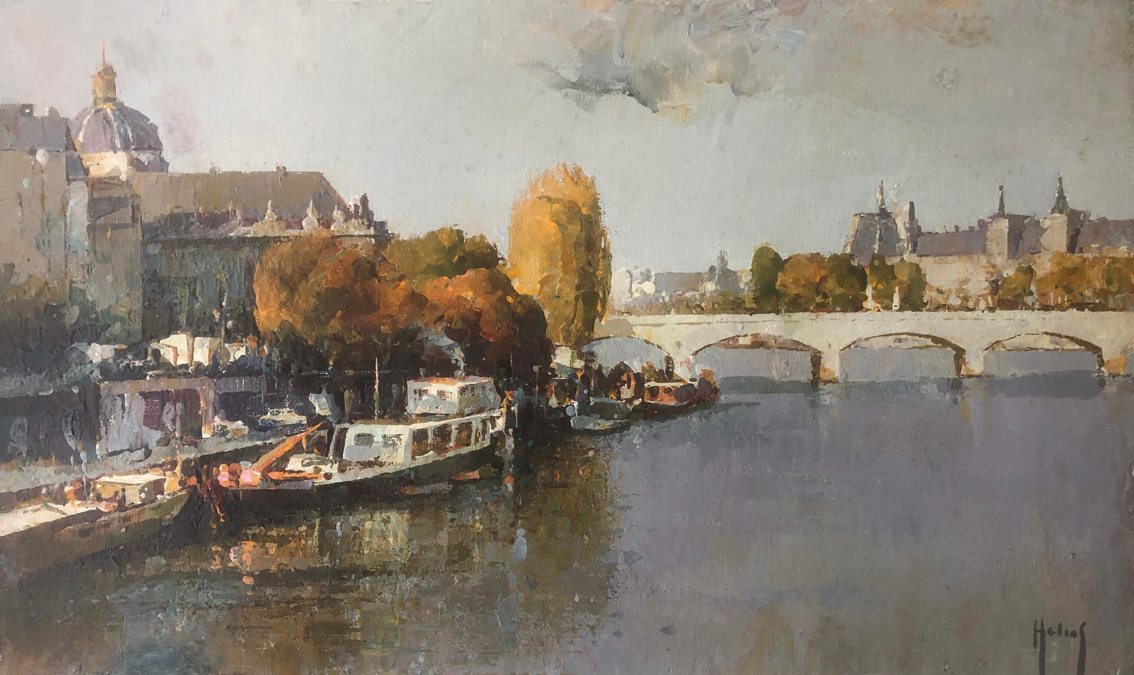Landscape Painting di Helios Gisbert - Fiume e ponte olio su tela pittura spagna arte europea spagnola