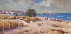 Zeitgenössisches Landschaftsgemälde „Sand Dunes“ mit Meer, Sand, Himmel, Figuren und Hügeln