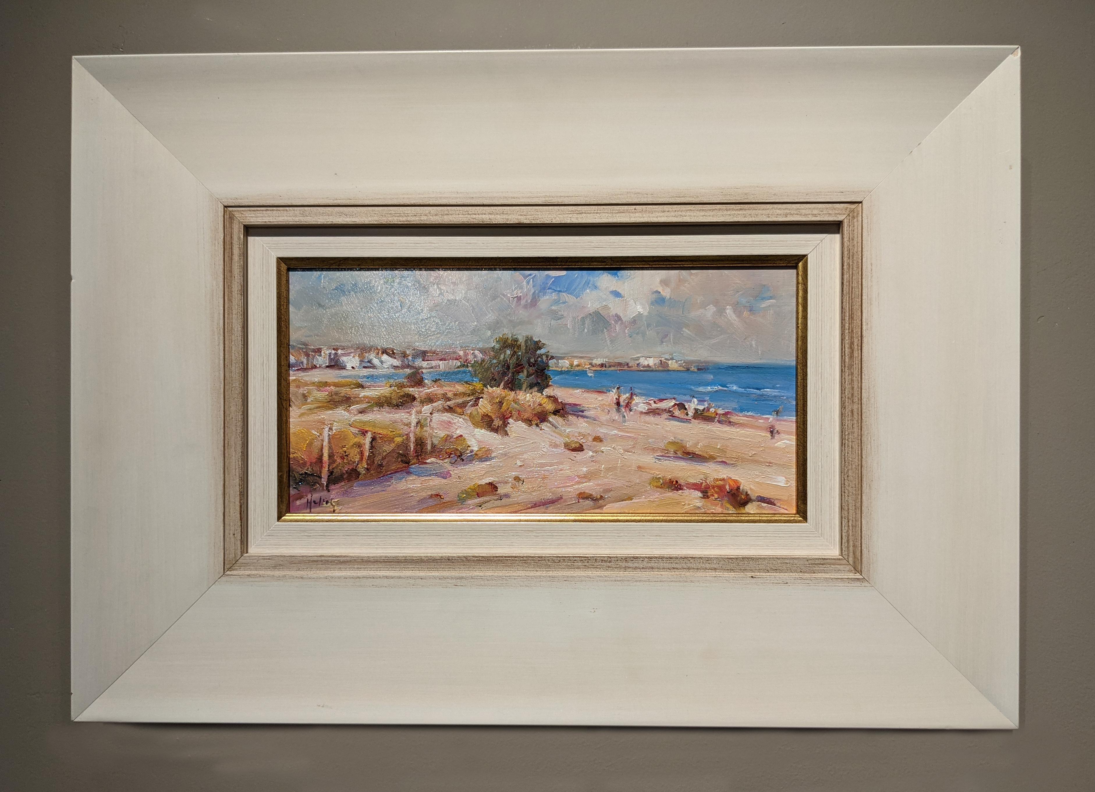 Helios Gisbert Figurative Painting - 'Sand Dunes' Contemporary Landscape Painting of sea, sand, sky, figures & hills