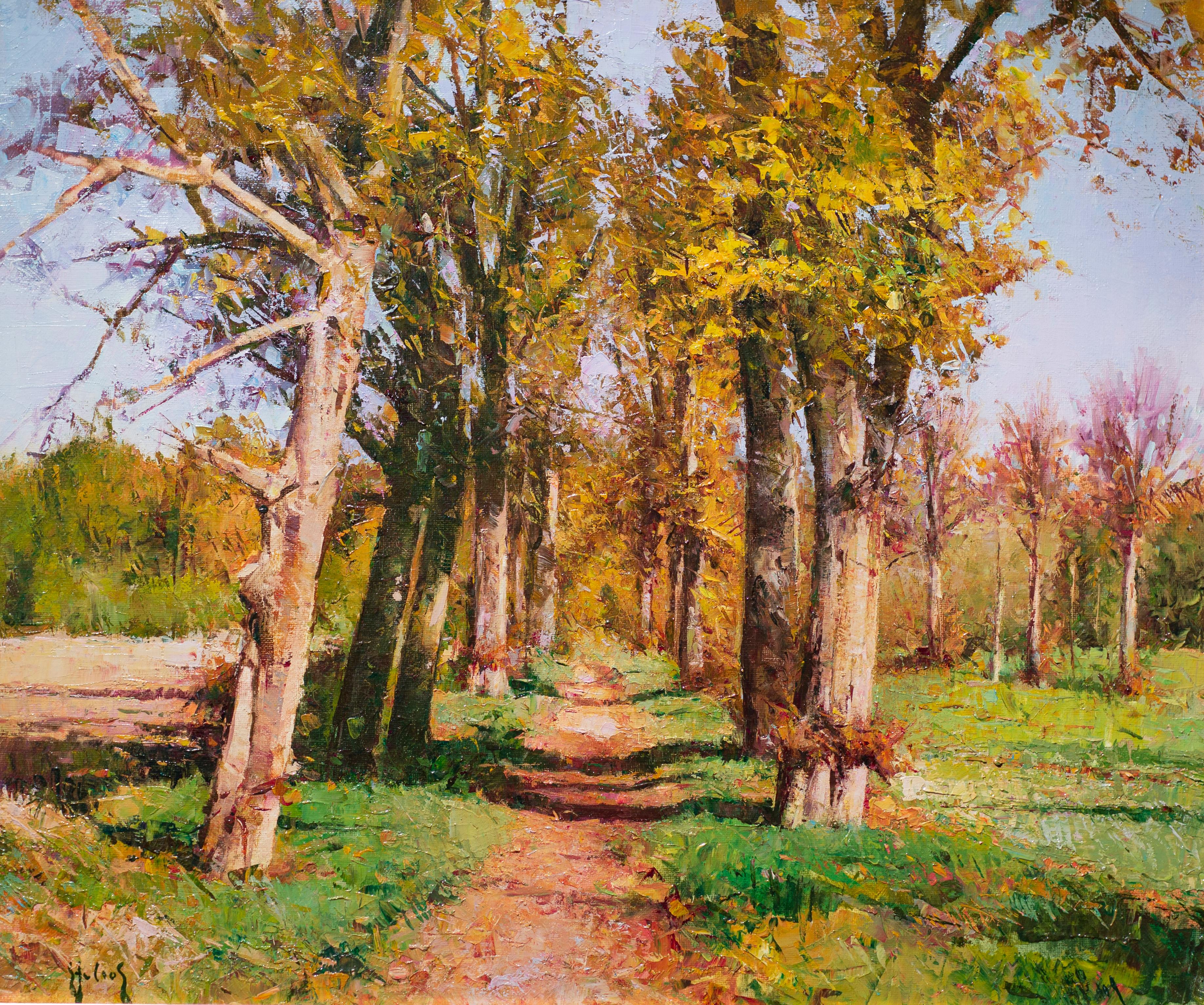 'The Faraway Lane' Contemporary Landscape painting, green trees, summer woodland - Painting by Helios Gisbert