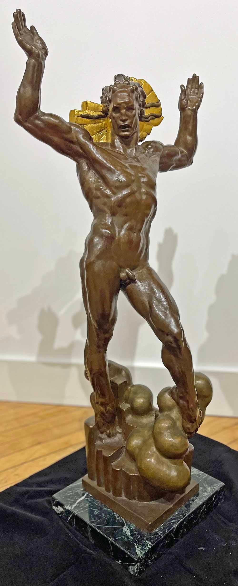 One of the largest and most impressive bronzes ever sculpted by Donald De Lue -- one of America's greatest sculptors of Art Deco monuments over the course of 50 years -- this bronze depicts a nude Helios, God of the Sun.  The figure is strong and