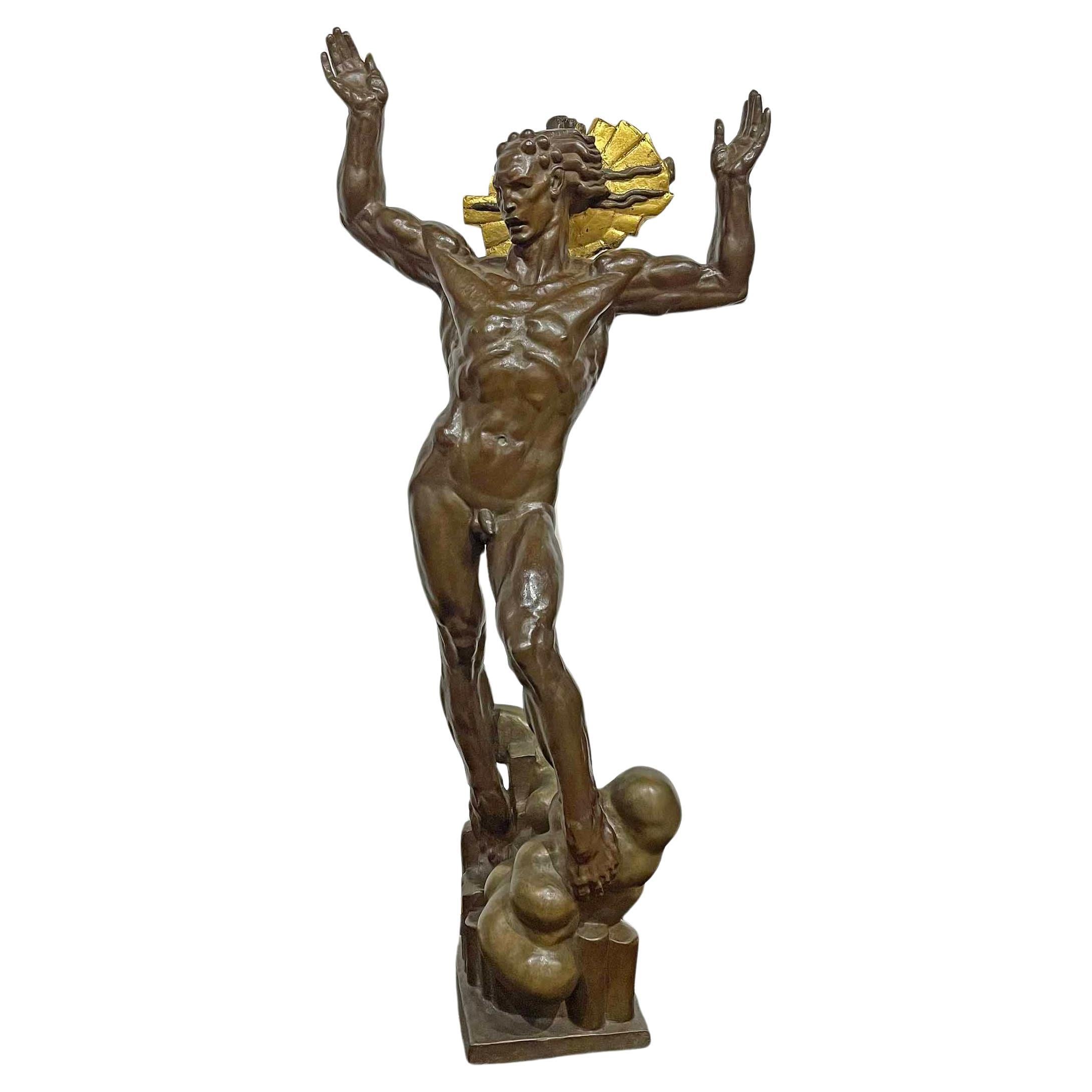 "Helios, God of the Sun", Large, Spectacular Art Deco Bronze Sculpture by De Lue For Sale