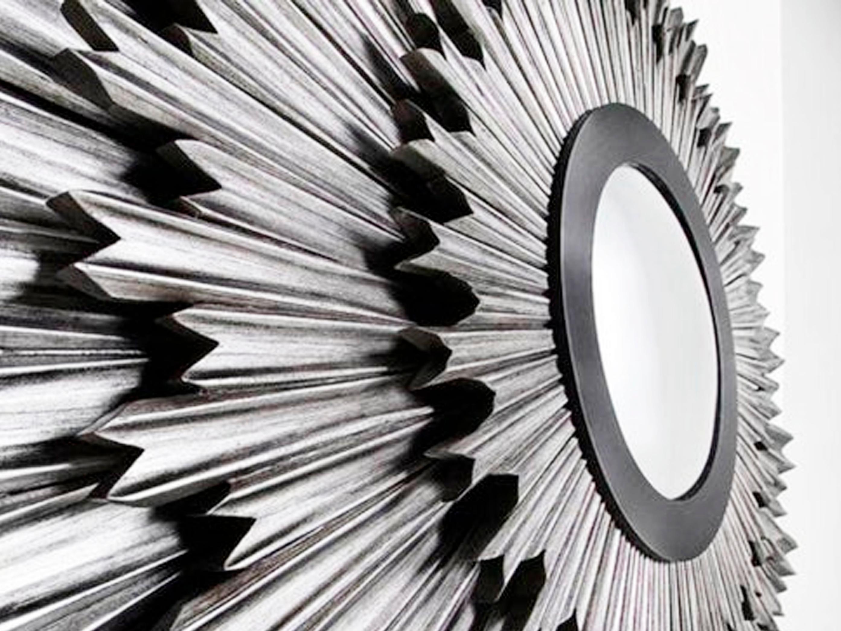 Helios, Mirror in Sand-Blasted Solid Soft Wood with Hand Patinated Silver Leaf For Sale 1